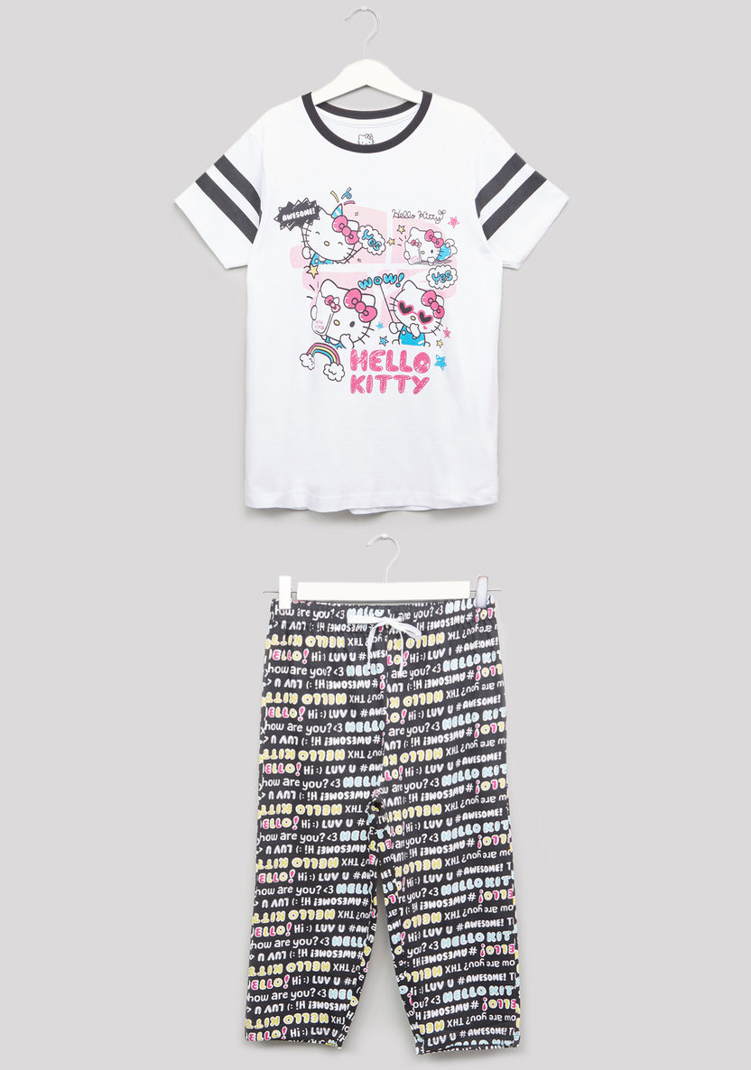Hello Kitty Printed T-shirt and Pyjama Set-Nightwear-image-0