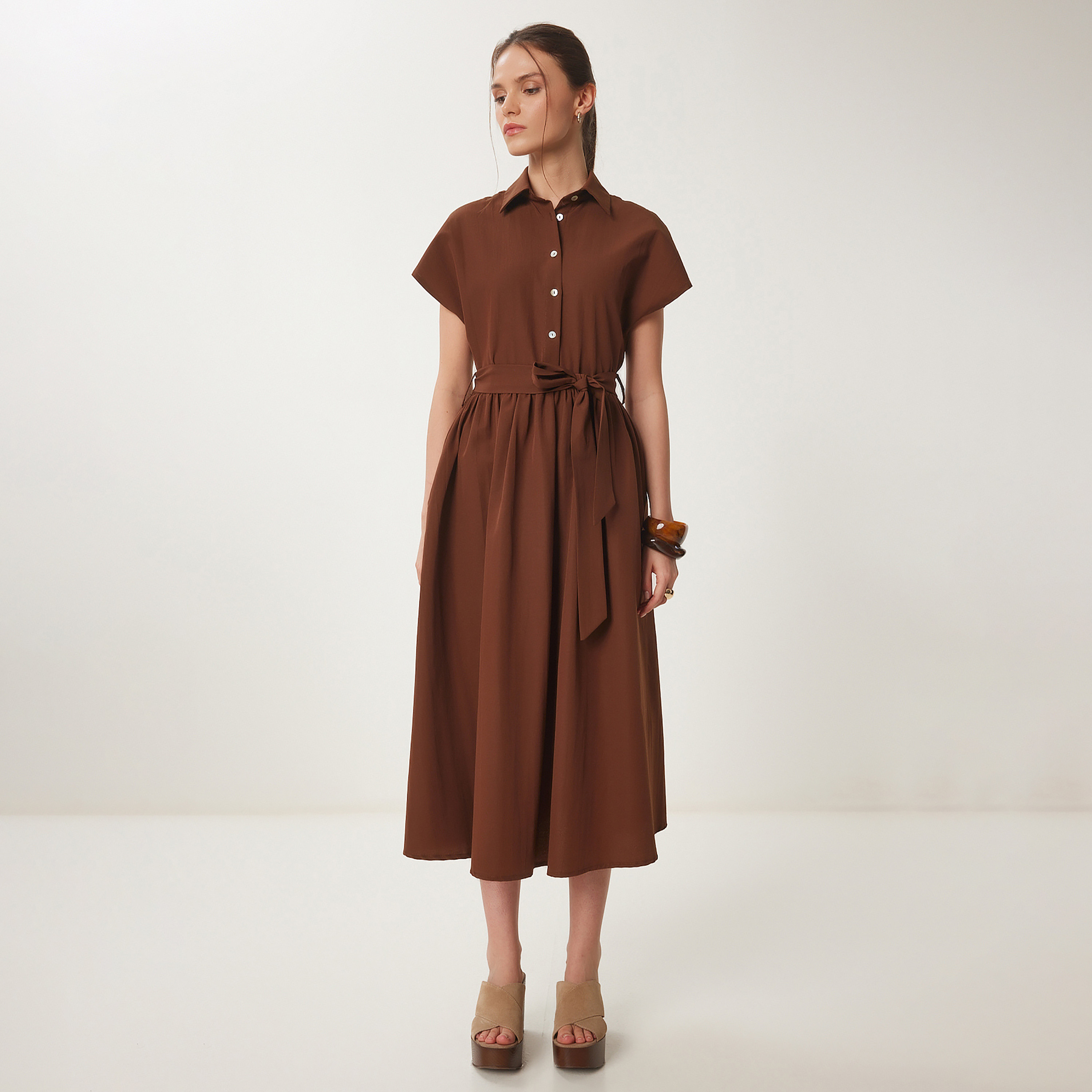 Happiness Istanbul Collared Cap Sleeves Shirt Midi Women's Dress-women-clothing-dresses-image-1