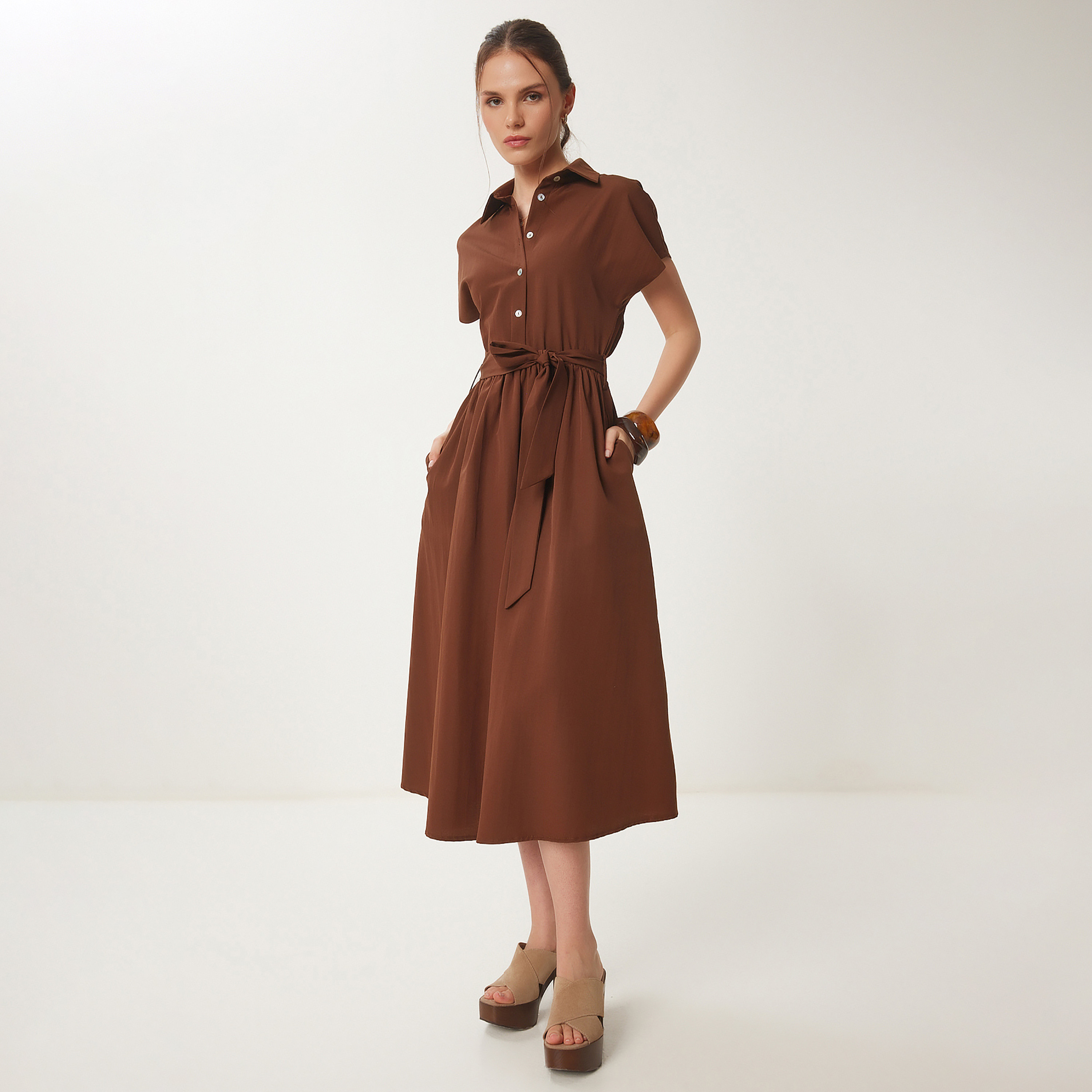 Happiness Istanbul Collared Cap Sleeves Shirt Midi Women's Dress-women-clothing-dresses-image-2