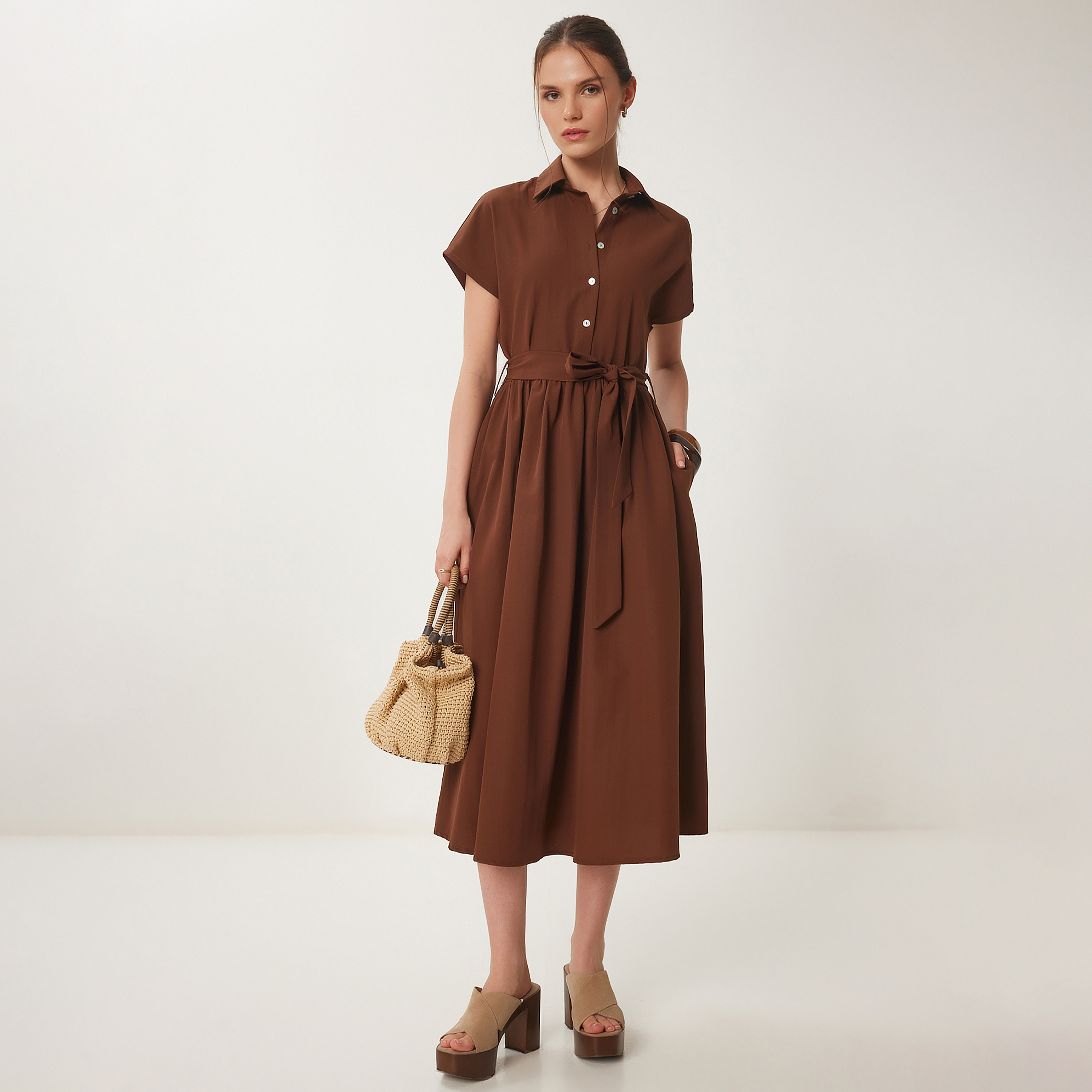 Happiness Istanbul Collared Cap Sleeves Shirt Midi Women's Dress-women-clothing-dresses-image-3