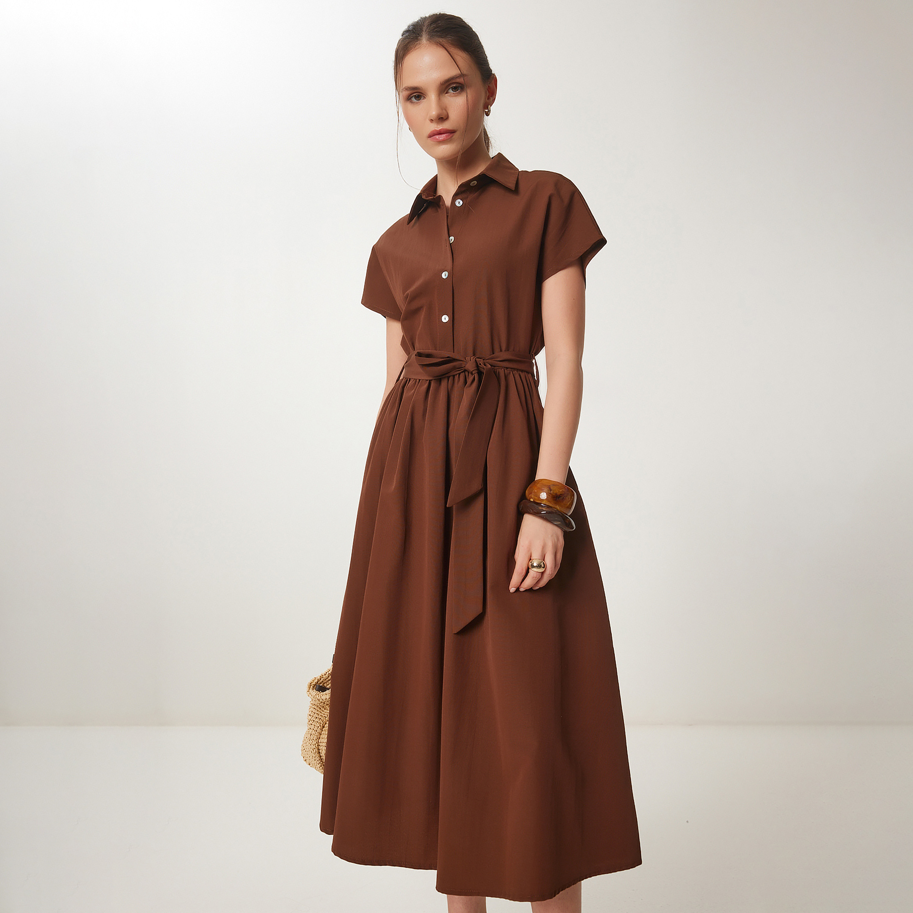 Happiness Istanbul Collared Cap Sleeves Shirt Midi Women's Dress-women-clothing-dresses-image-4