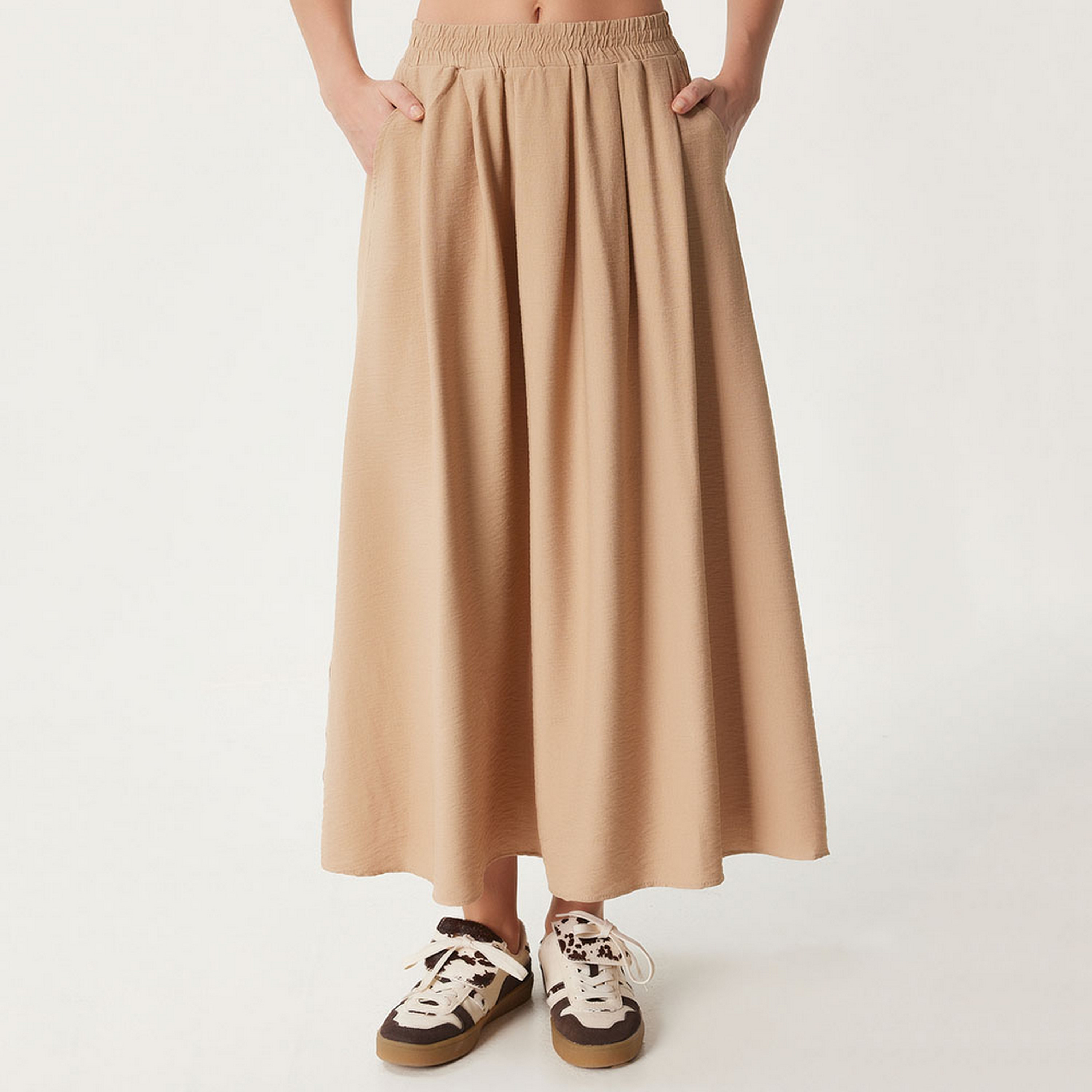 Happiness İstanbul Brown High-Rise Women's Flared Maxi Skirt-women-clothing-bottoms-skirts-image-1