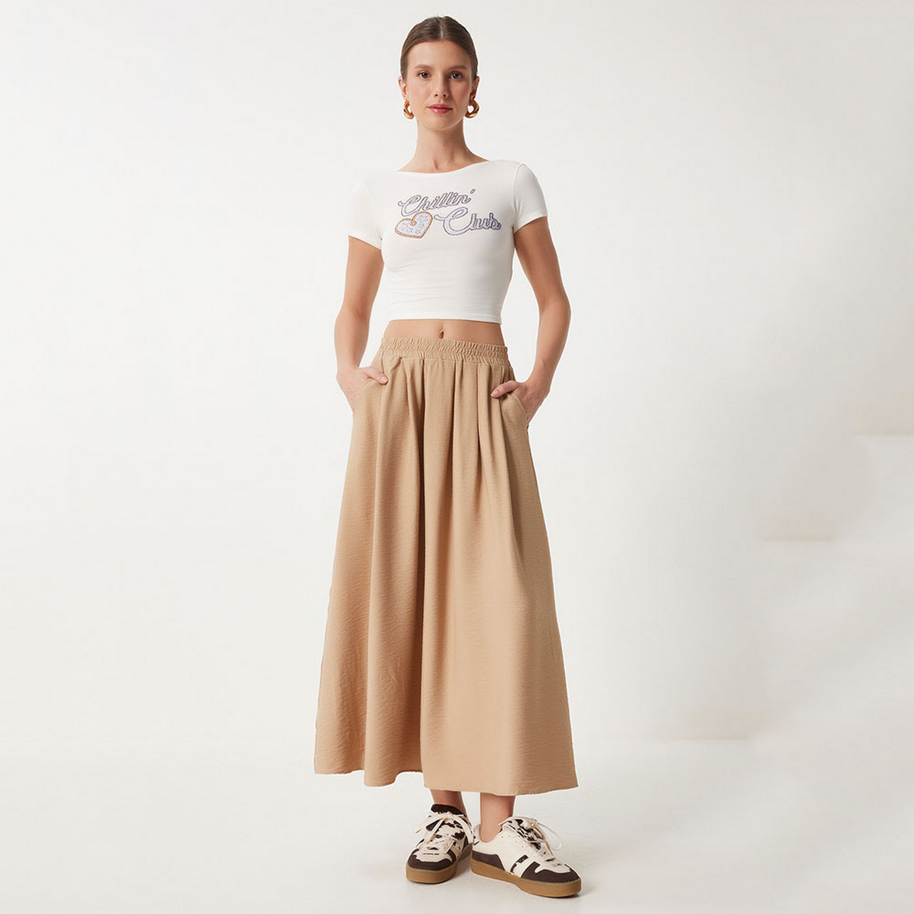 Happiness İstanbul Brown High-Rise Women's Flared Maxi Skirt-women-clothing-bottoms-skirts-image-2
