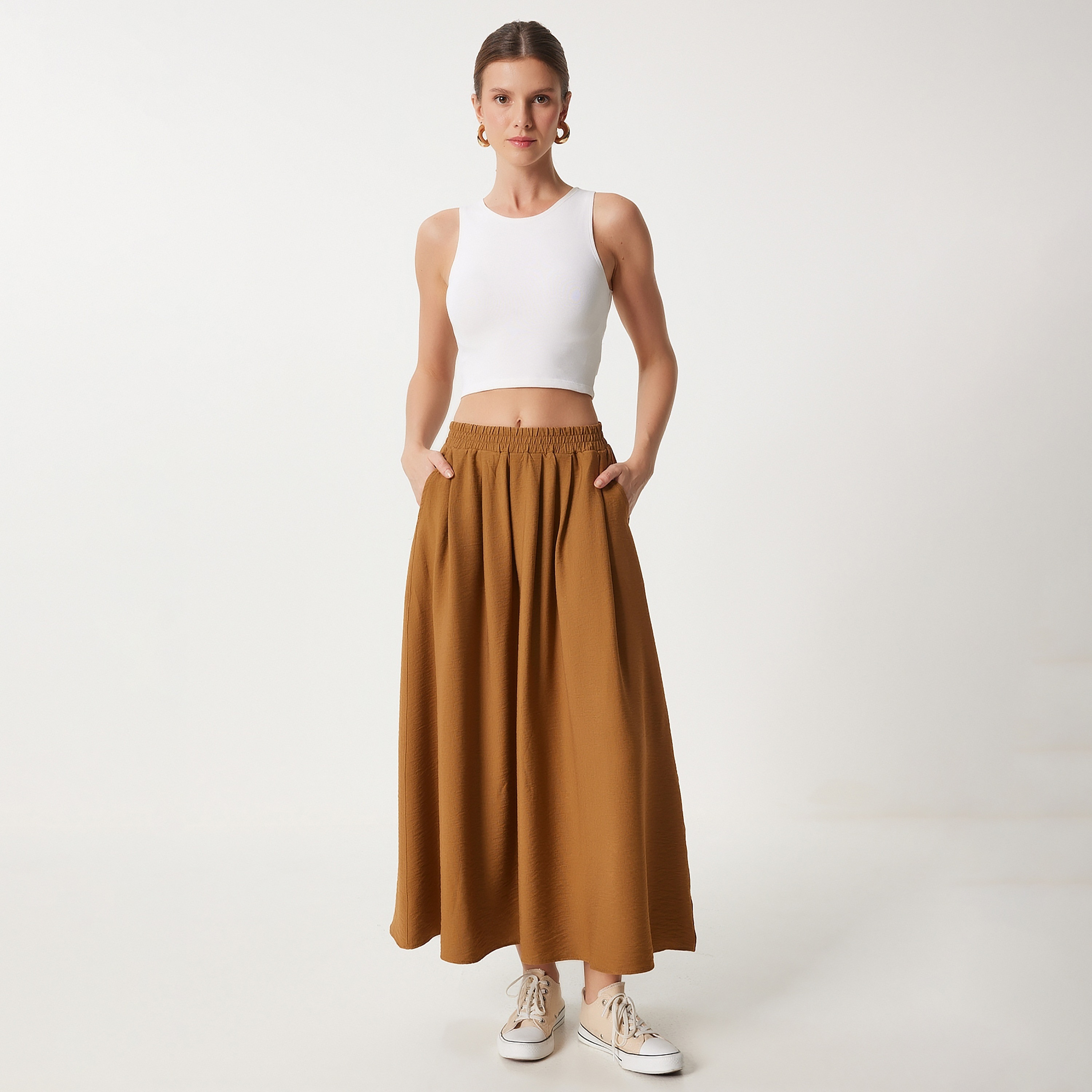 تنورة ماكسي واسعة للنساء من Happiness Istanbul Brown-women-clothing-bottoms-skirts-image-2