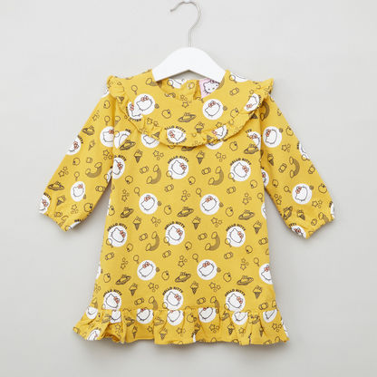 Hello Kitty Printed Dress with Round Neck and Long Sleeves
