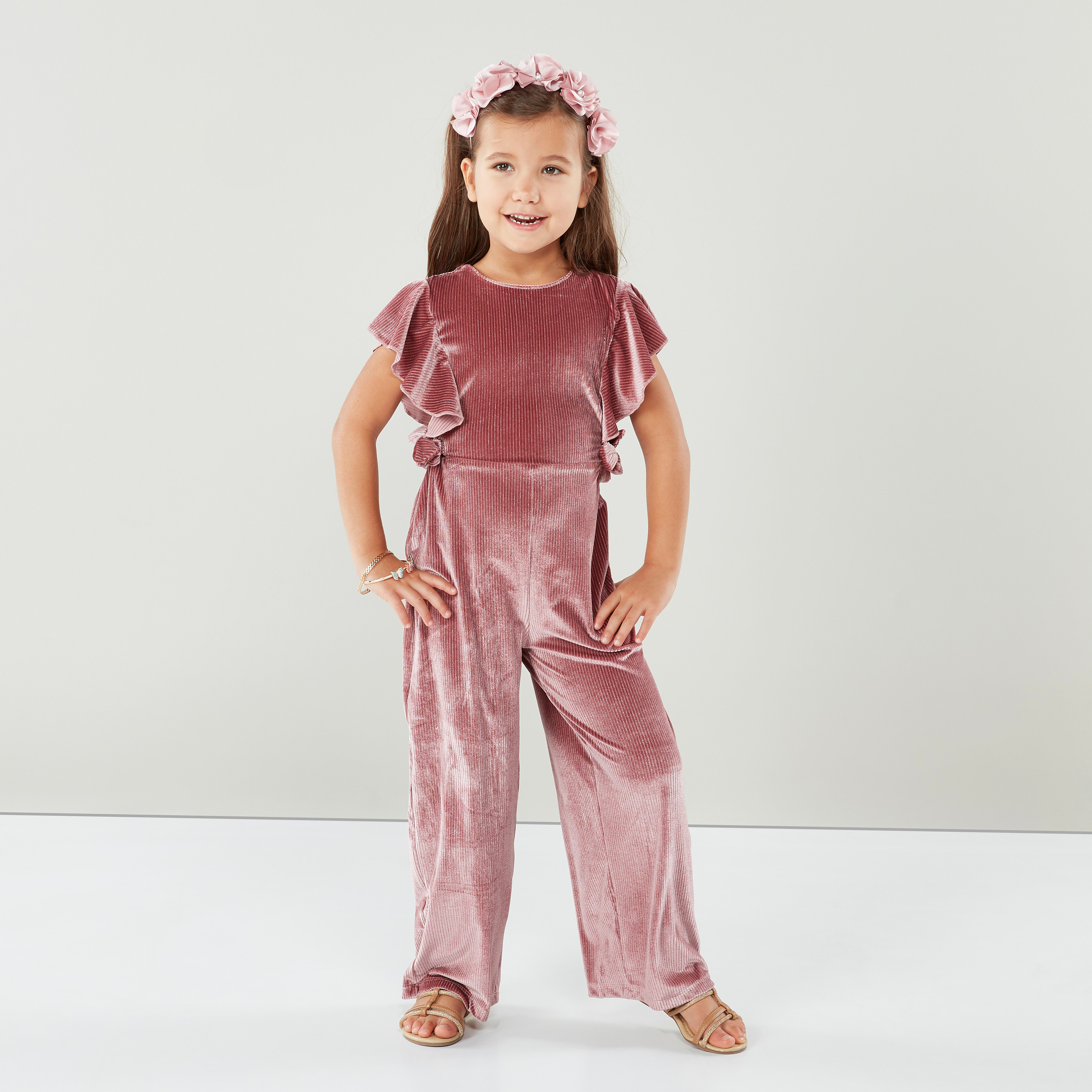 Juniors Ribbed Romper with Flutter Sleeves and Wide Legs