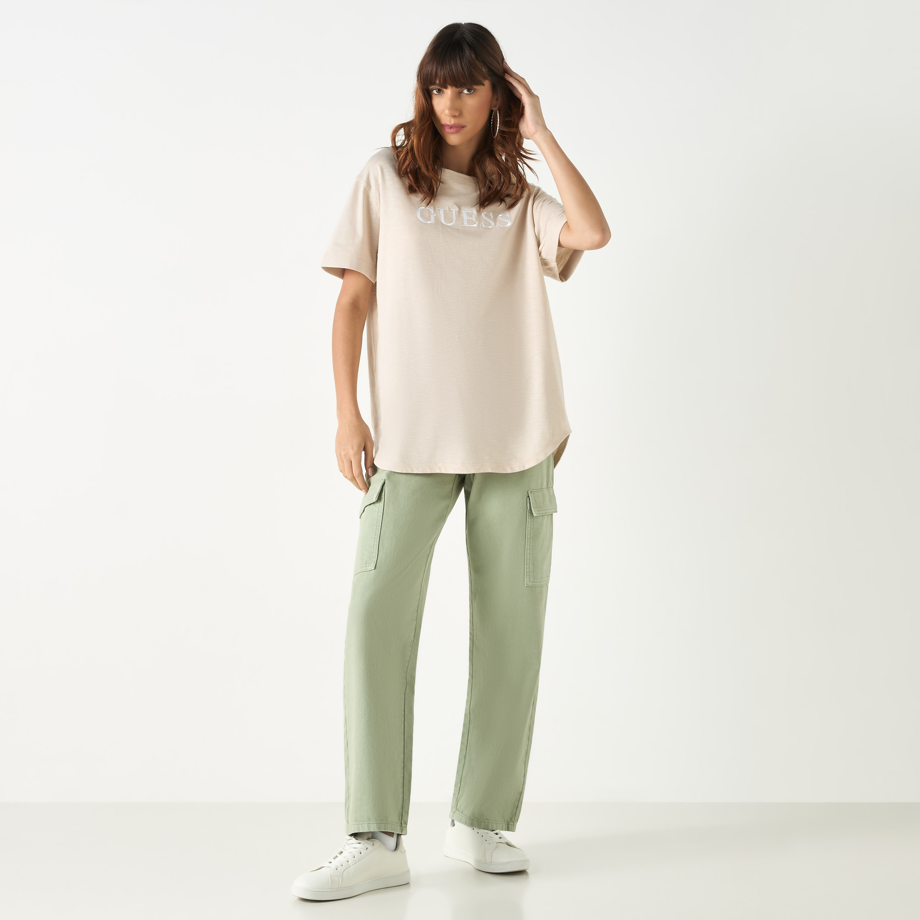 Guess Logo Embroidered Round Neck T-shirt with Short Sleeves-women-clothing-tshirts-image-3