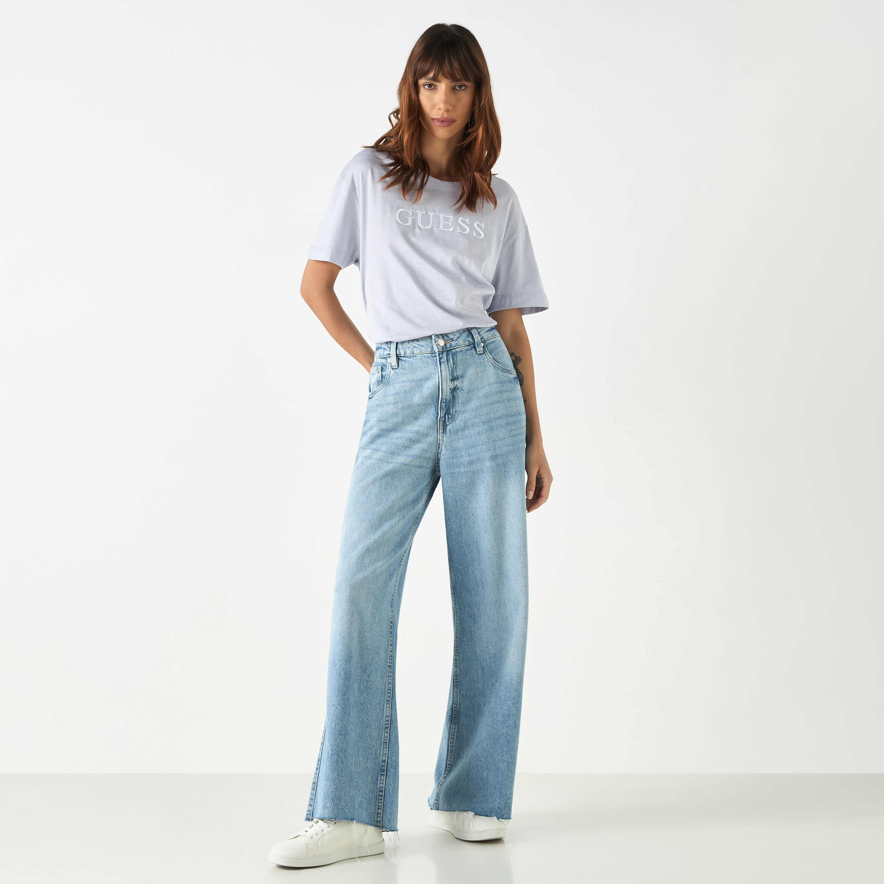 Guess Logo Embroidered Round Neck T-shirt with Short Sleeves-women-clothing-tshirts-image-3