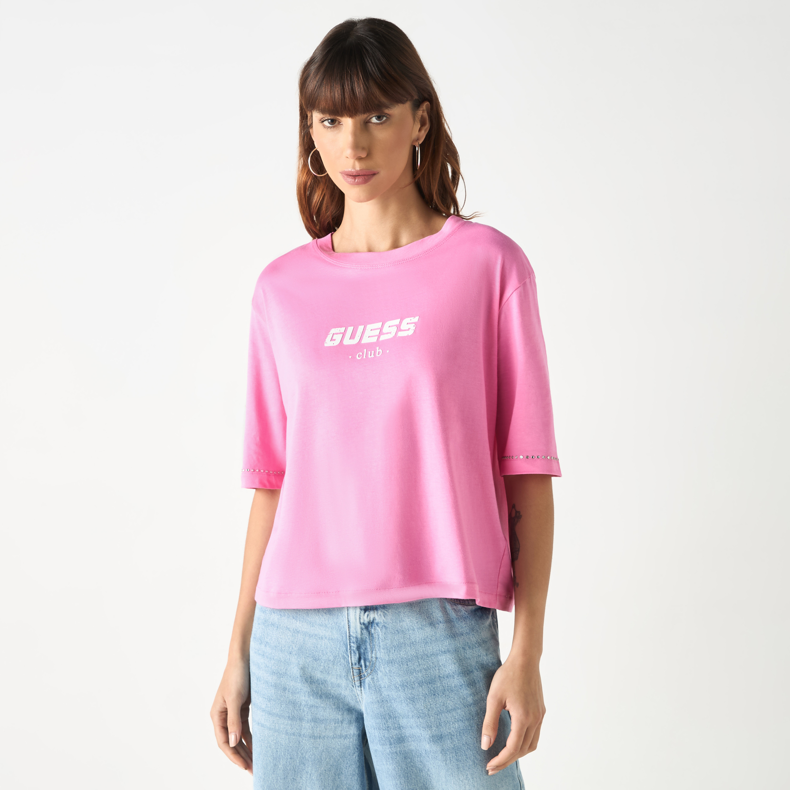 Shop Guess Logo Print Round Neck T-shirt with Short Sleeves Online