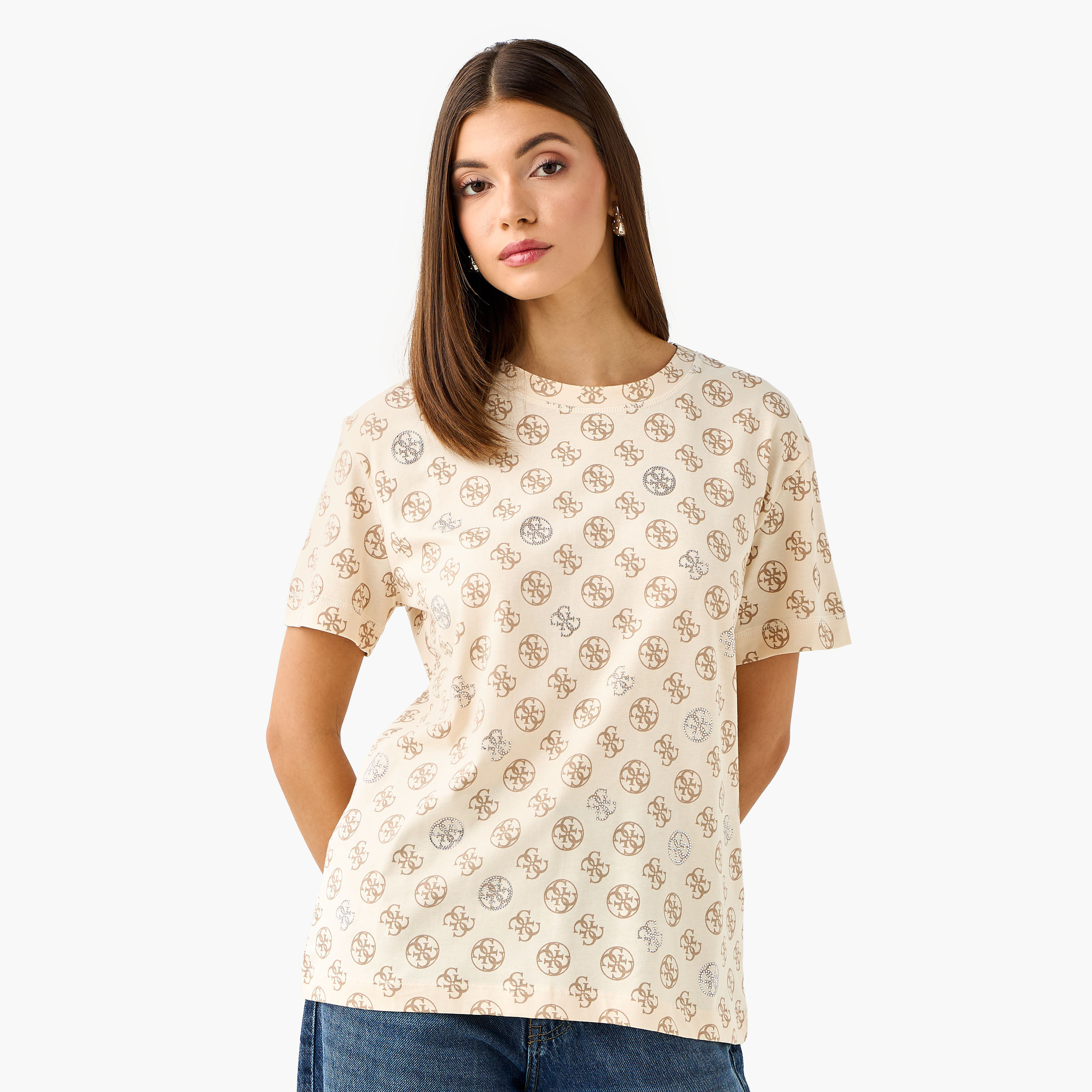 تيشيرت بطبعات مونوجرام وأكمام قصيرة من جيس-women-clothing-tshirts-image-1