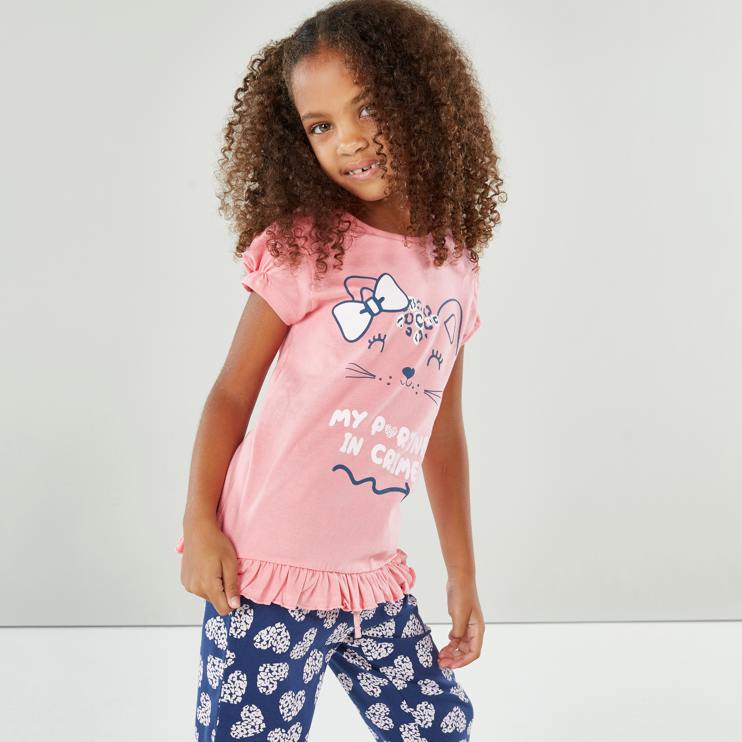 Buy Juniors Printed Short Sleeves T shirt and Full Length Pyjama