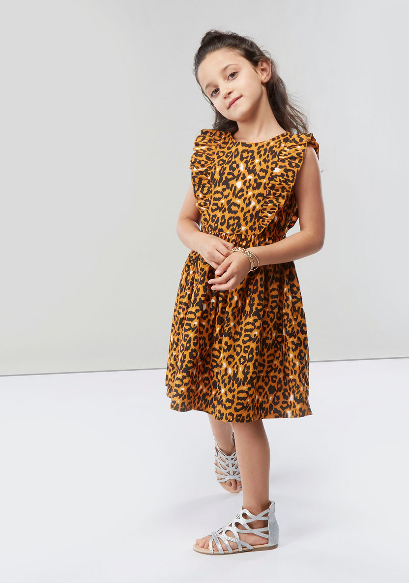 Juniors Animal Printed Sleeveless Dress with Ruffle Detail-Dresses%2C Gowns and Frocks-image-0