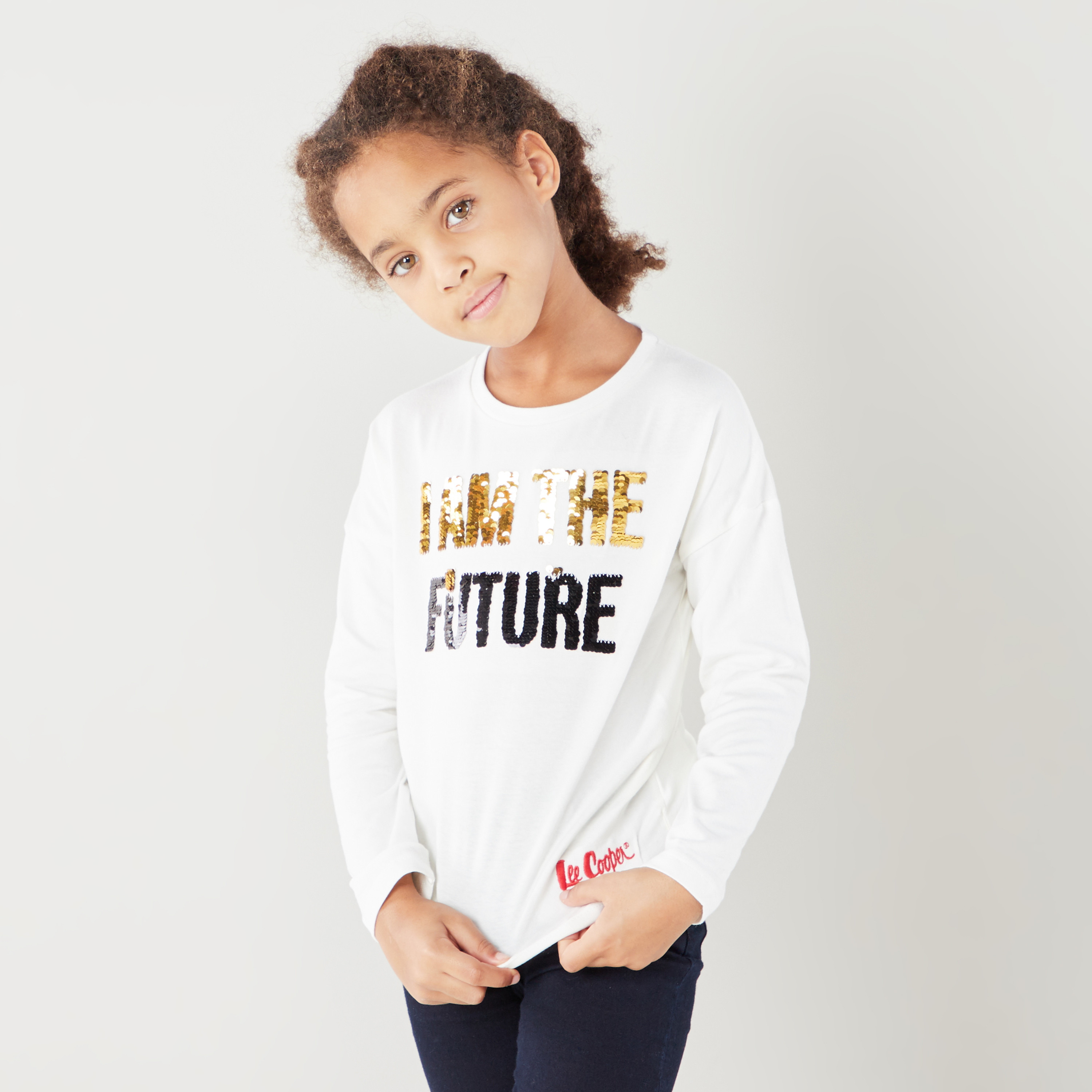 Lee Cooper Sequin Detail T-shirt with Long Sleeves-girls-clothing-schoolwear-tshirts-image-2