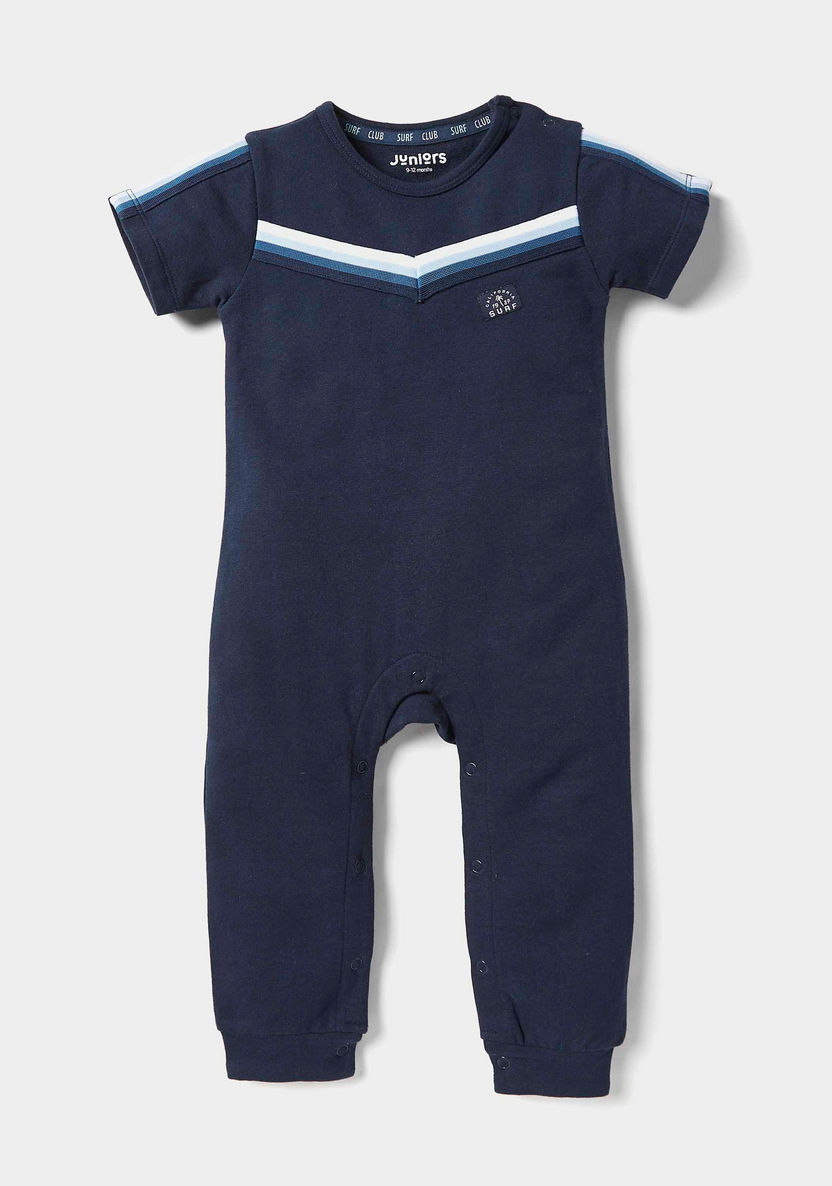 Juniors Solid Short Sleeves Sleepsuit with Button Closure and Stripe Detail-Sleepsuits-image-0