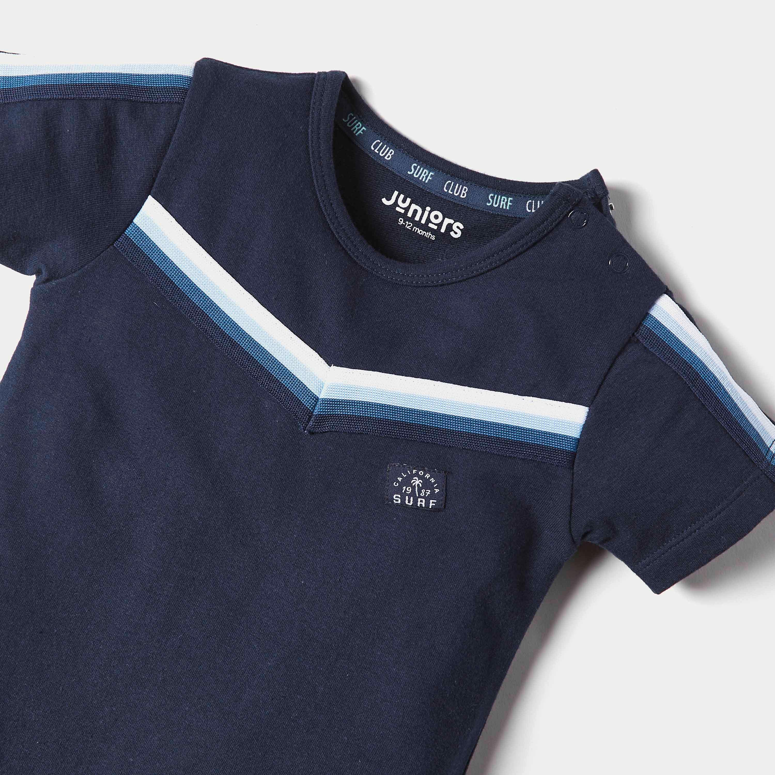 Juniors Solid Short Sleeves Sleepsuit with Button Closure and Stripe Detail-baby-boys-clothing-nightwear-sleepsuits-image-2