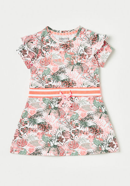 Juniors Tropical Print Dress with Ruffle Trim and Striped Belt-Dresses%2C Gowns and Frocks-image-0