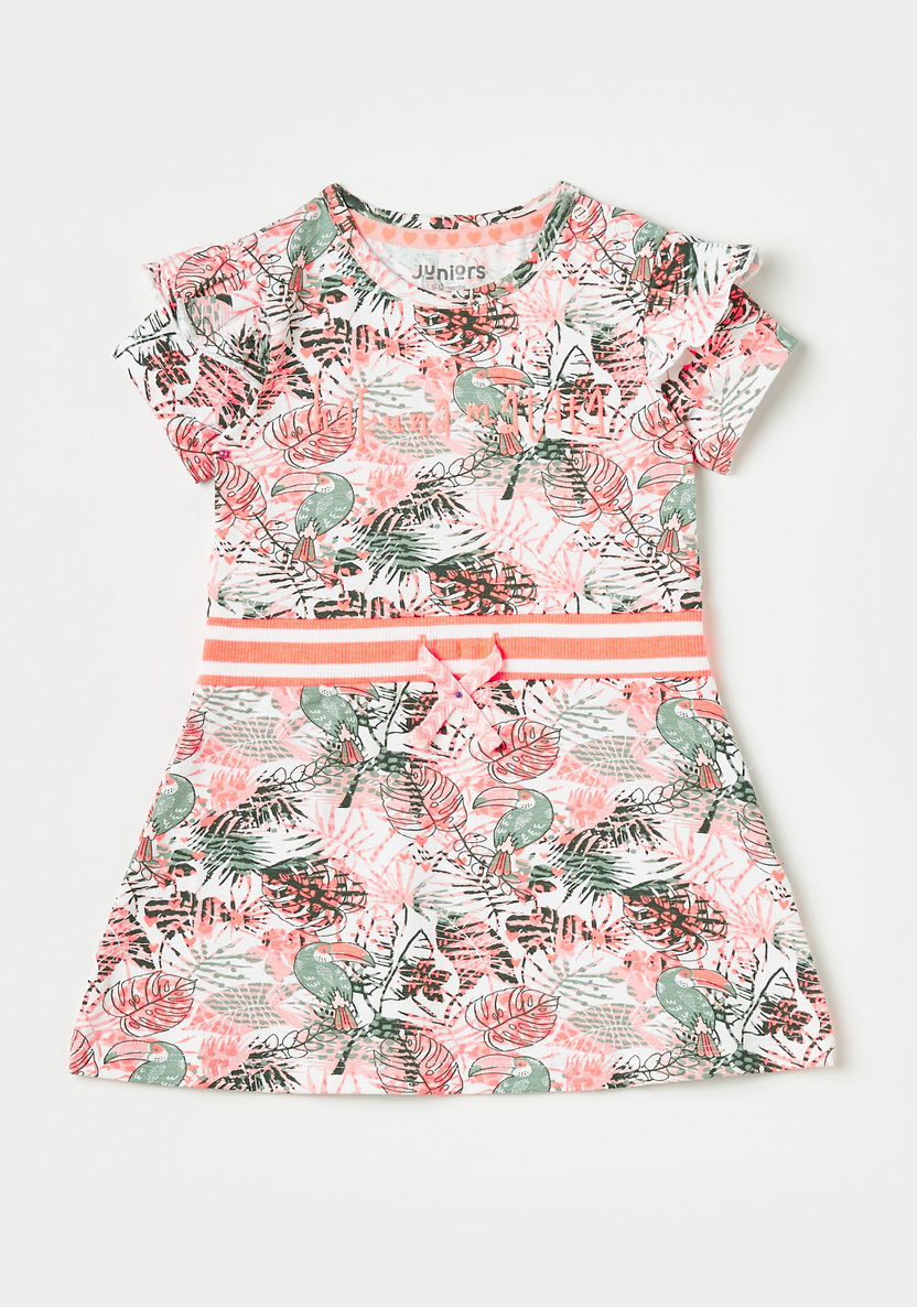 Juniors Tropical Print Dress with Ruffle Trim and Striped Belt-Dresses, Gowns & Frocks-image-0