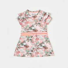 Juniors Tropical Print Dress with Ruffle Trim and Striped Belt