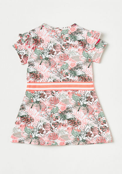 Juniors Tropical Print Dress with Ruffle Trim and Striped Belt-Dresses%2C Gowns and Frocks-image-3
