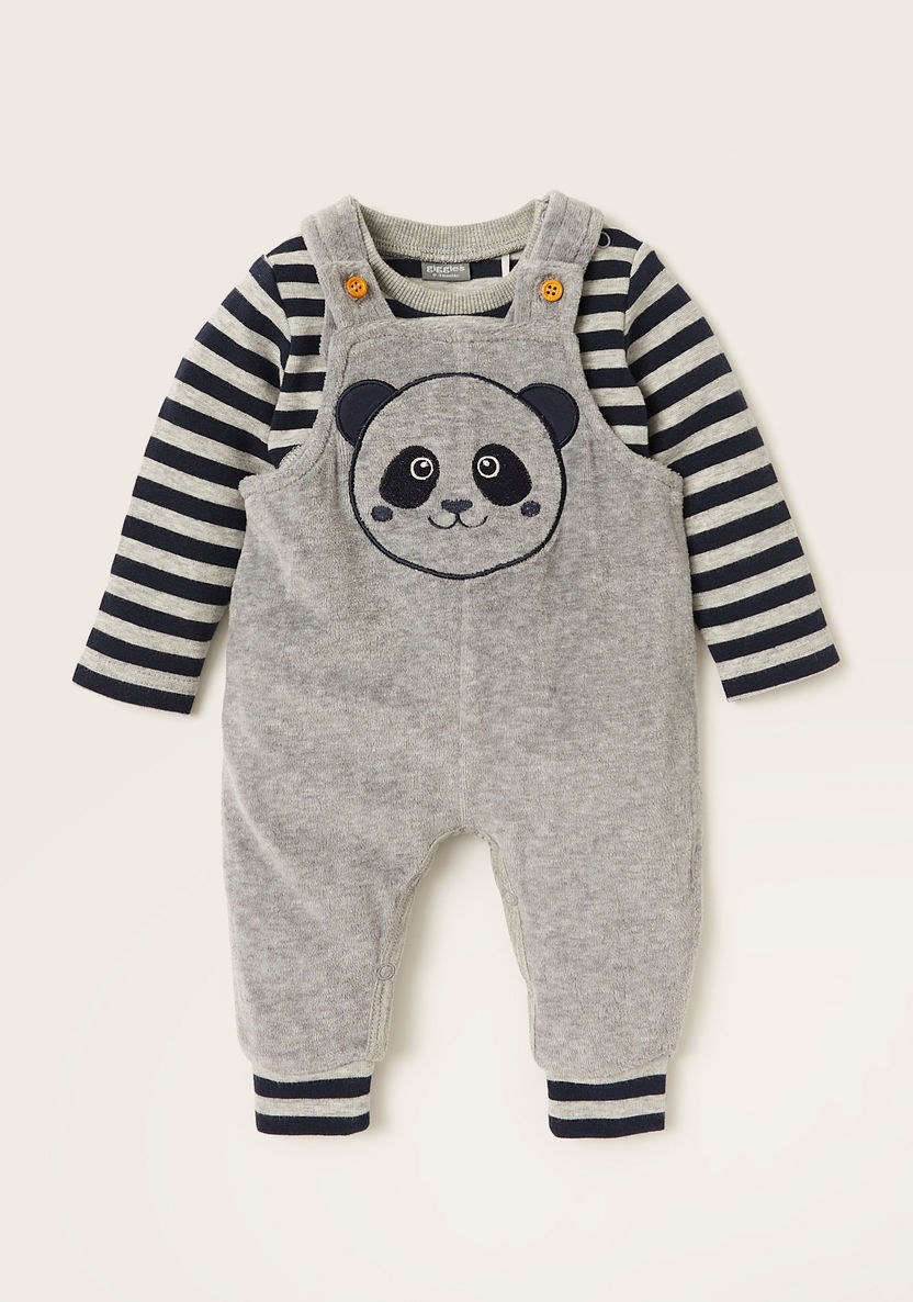 Giggles Panda Applique Dungaree and Long Sleeves Striped T-shirt Set-Rompers%2C Dungarees and Jumpsuits-image-0