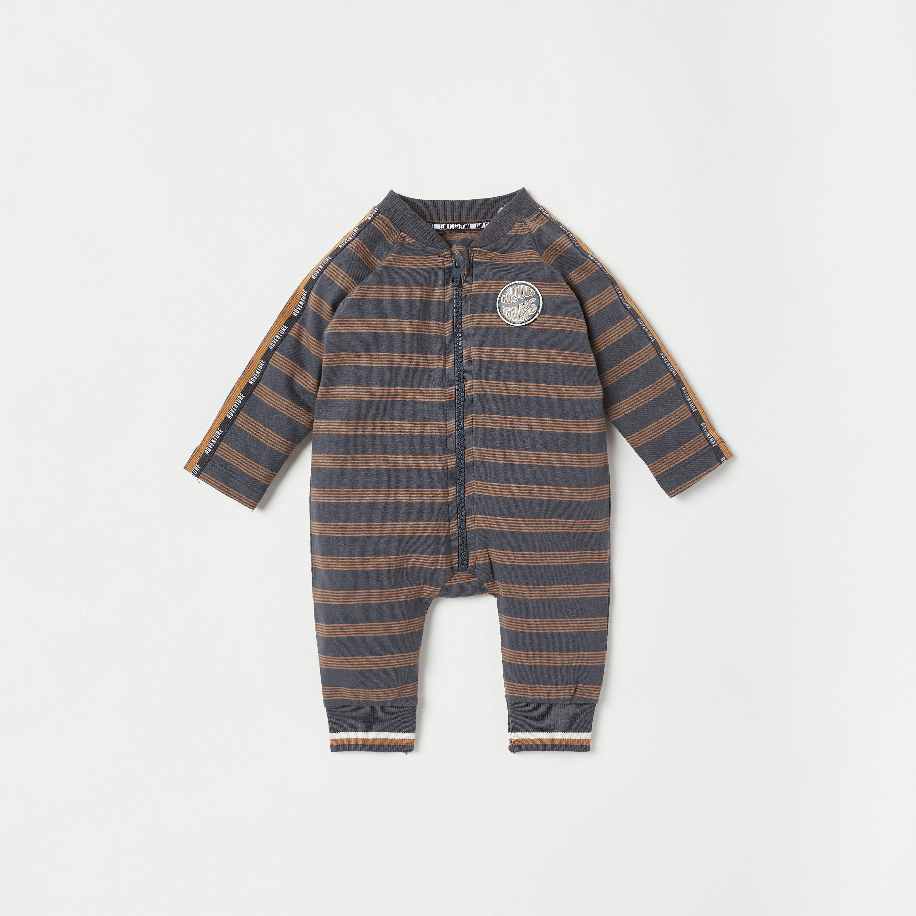 Juniors Striped Print Sleepsuit with Tape Detail and Zip Closure-baby-boys-clothing-nightwear-sleepsuits-image-1