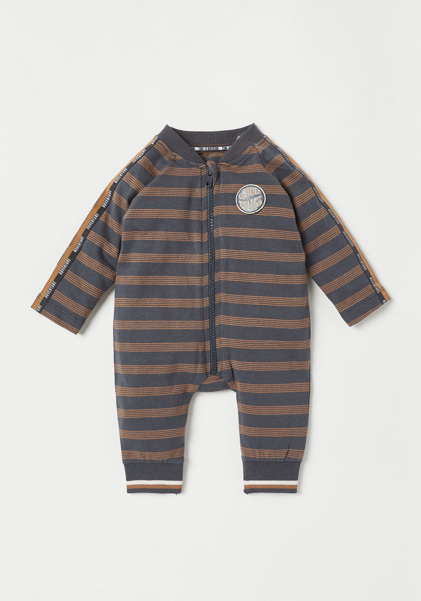 Juniors Striped Print Sleepsuit with Tape Detail and Zip Closure-Sleepsuits-image-0