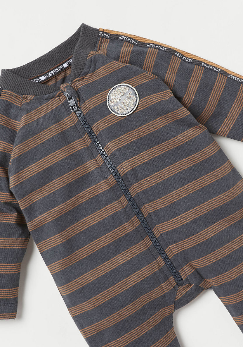 Juniors Striped Print Sleepsuit with Tape Detail and Zip Closure-Sleepsuits-image-1
