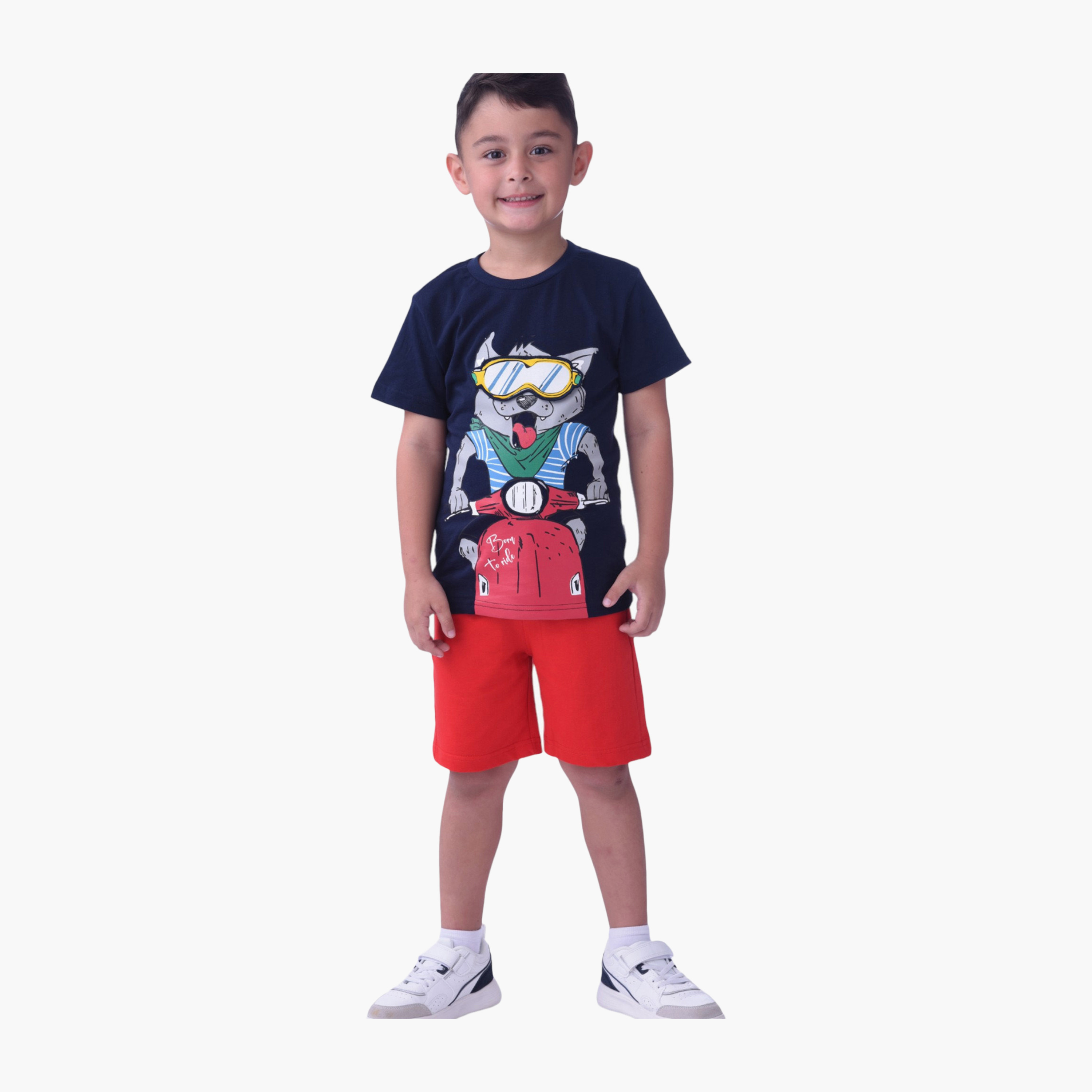 Victor and Jane Graphic Printed T-Shirt & Shorts Set - Navy & Red-boys-clothing-setsandcoords-image-1