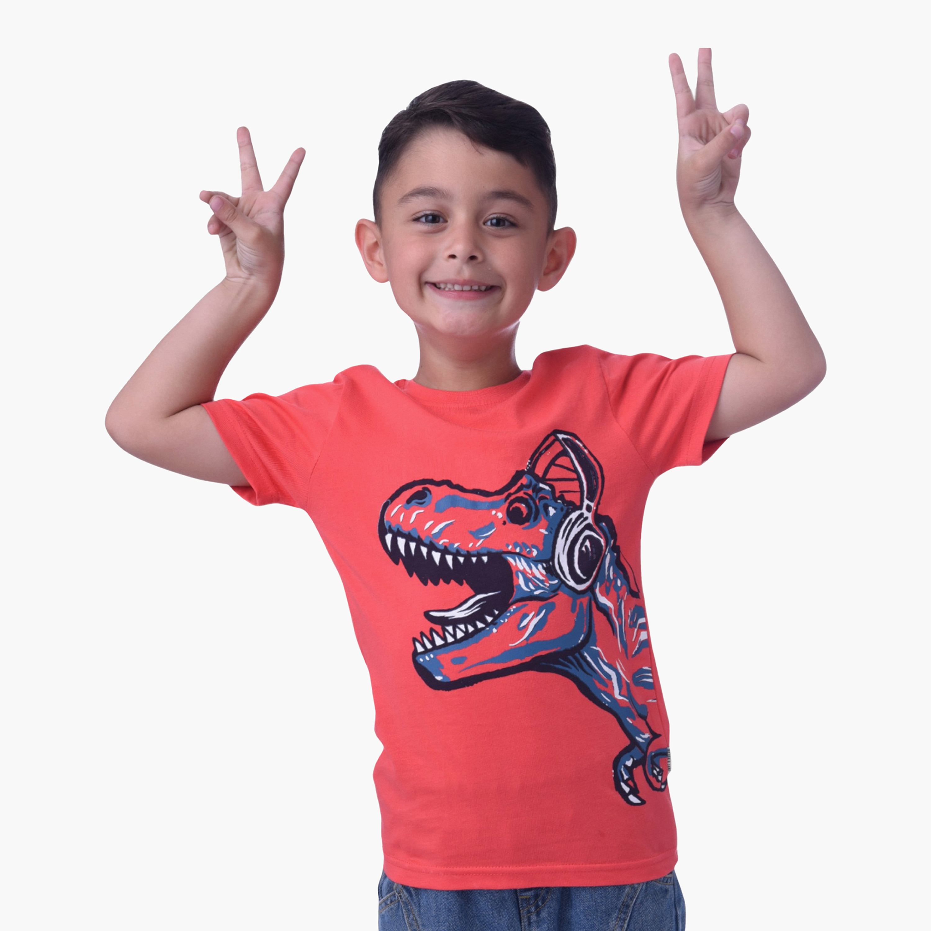 Victor and Jane T-Rex Printed T-Shirt - Coral-boys-clothing-tshirtsandpolos-image-1