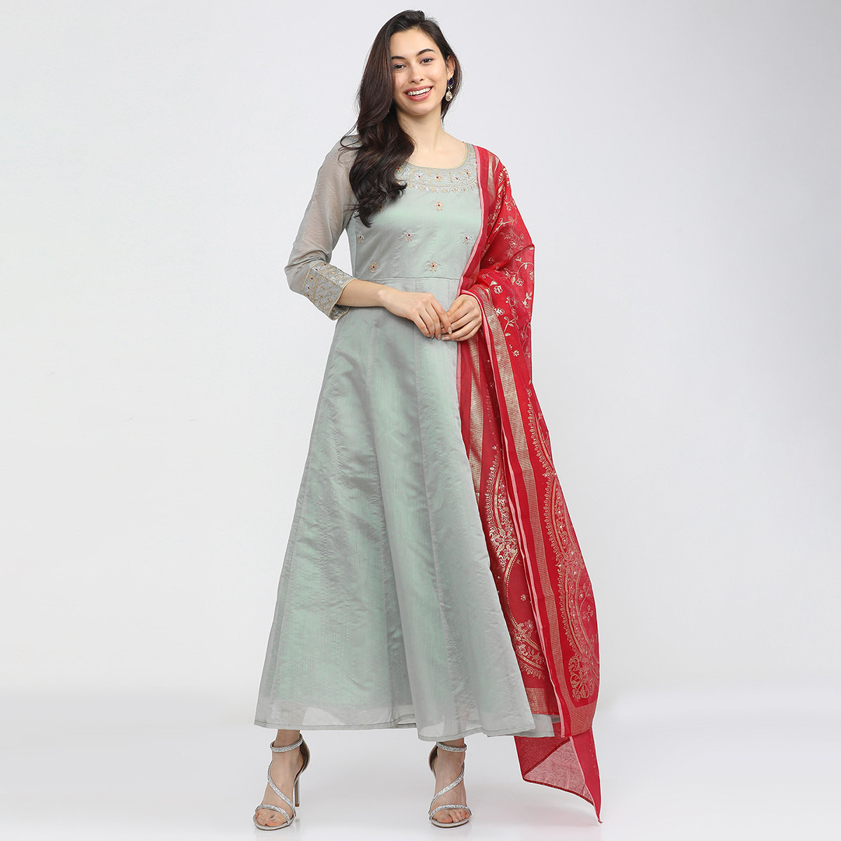 Set of 3 Vishudh Women Grey Embroidered Round Neck Maxi Dress with Dupatta-women-clothing-ethnicwear-dresses-image-1
