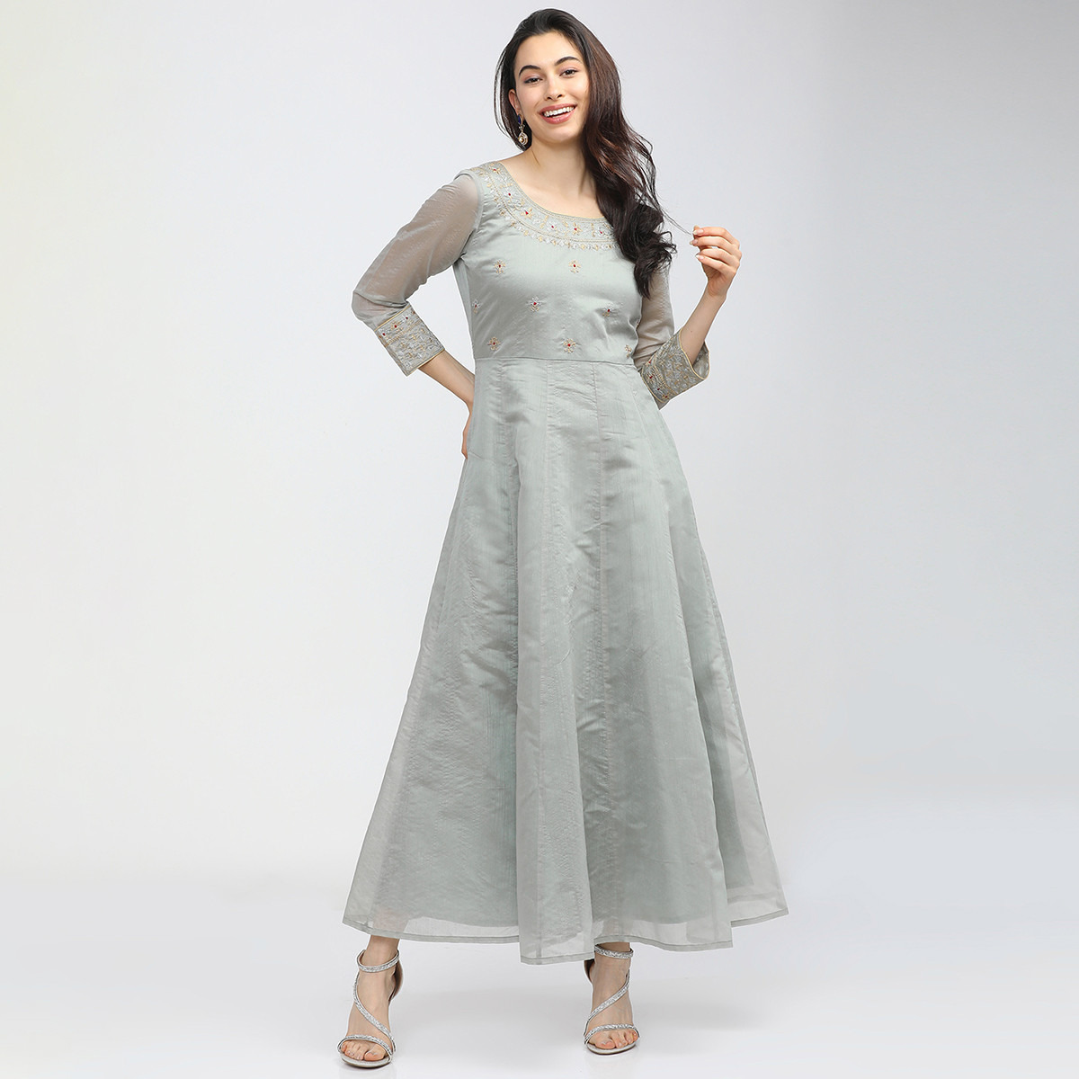 Set of 3 Vishudh Women Grey Embroidered Round Neck Maxi Dress with Dupatta-women-clothing-ethnicwear-dresses-image-2