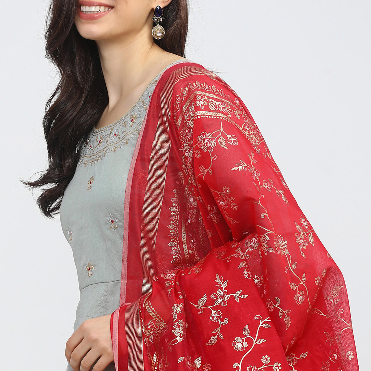 Set of 3 Vishudh Women Grey Embroidered Round Neck Maxi Dress with Dupatta-women-clothing-ethnicwear-dresses-image-8