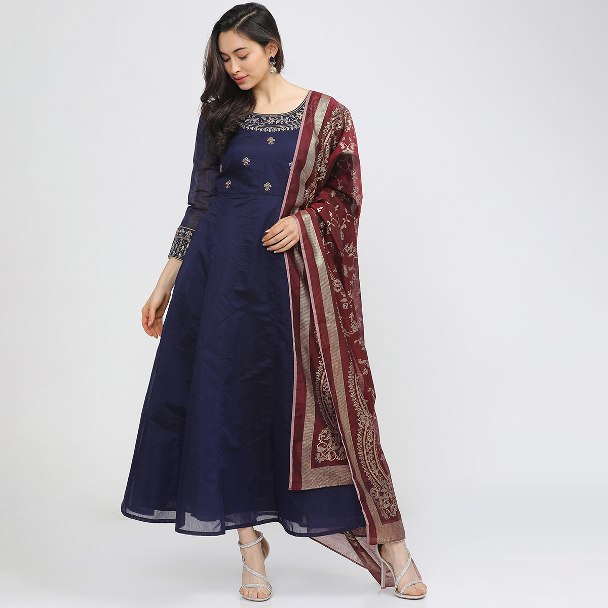 Set of 3 Vishudh Women Blue Embroidered Round Neck Maxi Dress with Dupatta-women-clothing-ethnicwear-dresses-image-1