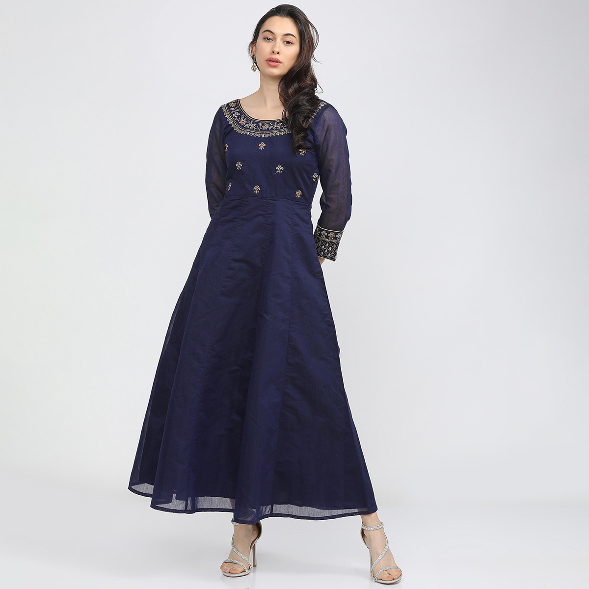 Set of 3 Vishudh Women Blue Embroidered Round Neck Maxi Dress with Dupatta-women-clothing-ethnicwear-dresses-image-2