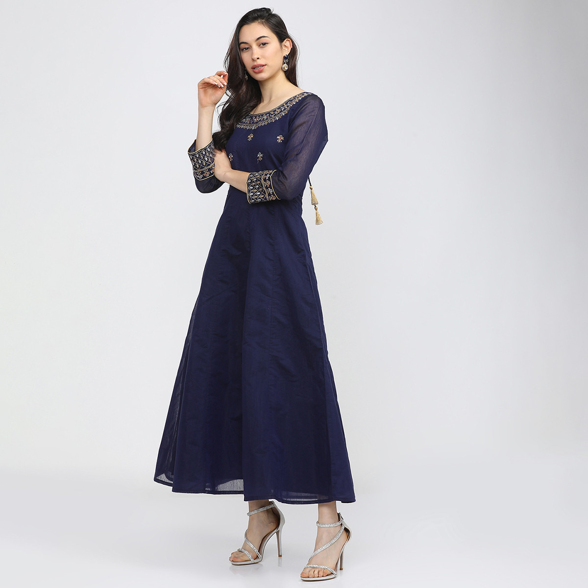 Set of 3 Vishudh Women Blue Embroidered Round Neck Maxi Dress with Dupatta-women-clothing-ethnicwear-dresses-image-3