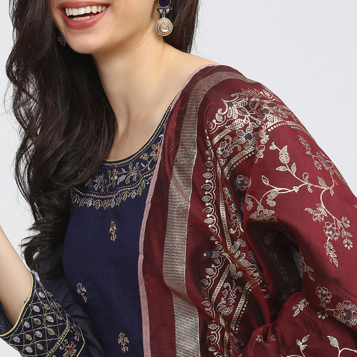 Set of 3 Vishudh Women Blue Embroidered Round Neck Maxi Dress with Dupatta-women-clothing-ethnicwear-dresses-image-7