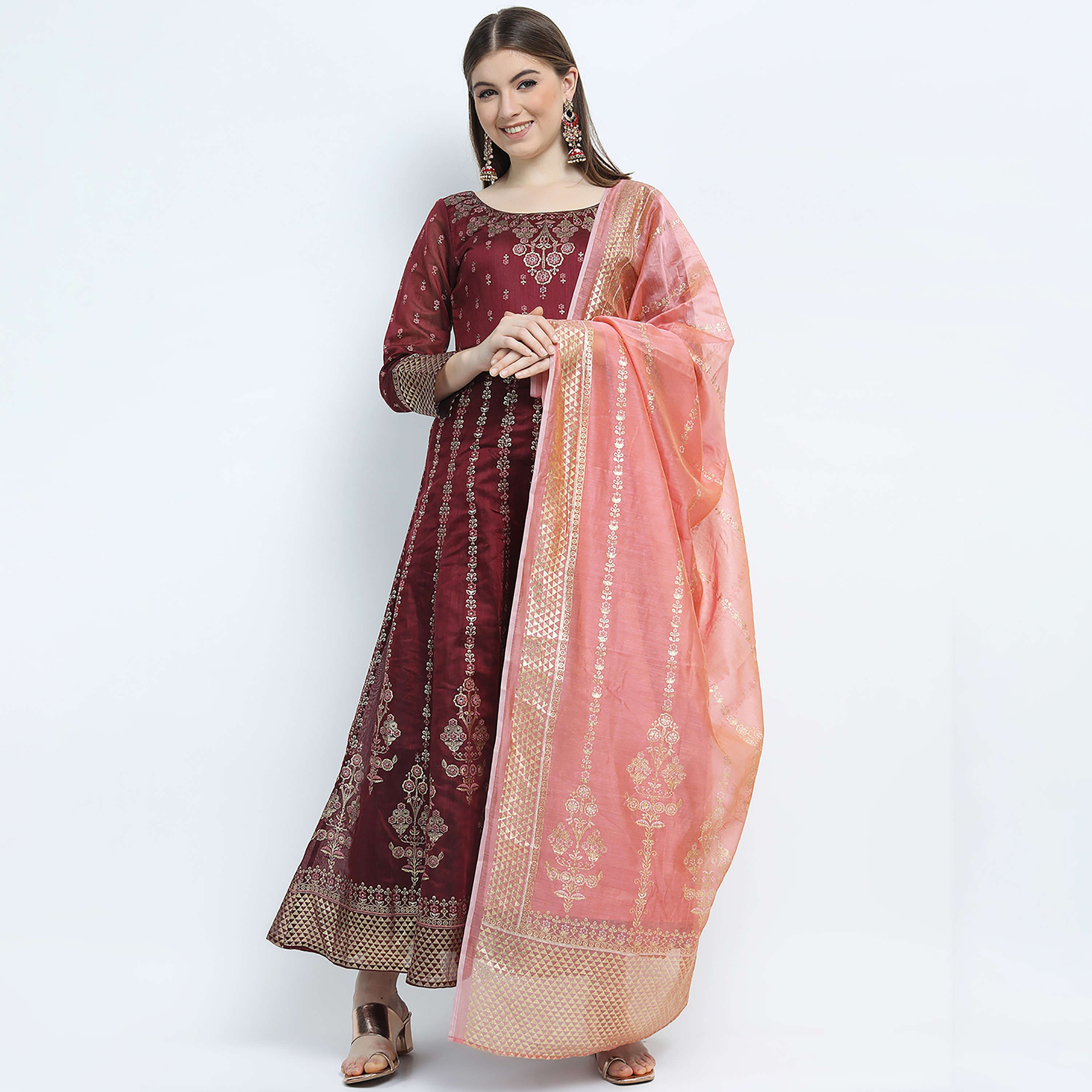 فستان ماكسي ذو اي لائن مع دوباتا ذو مطبوع برقبة دائرية من فيشوده-women-clothing-ethnicwear-dresses-image-1