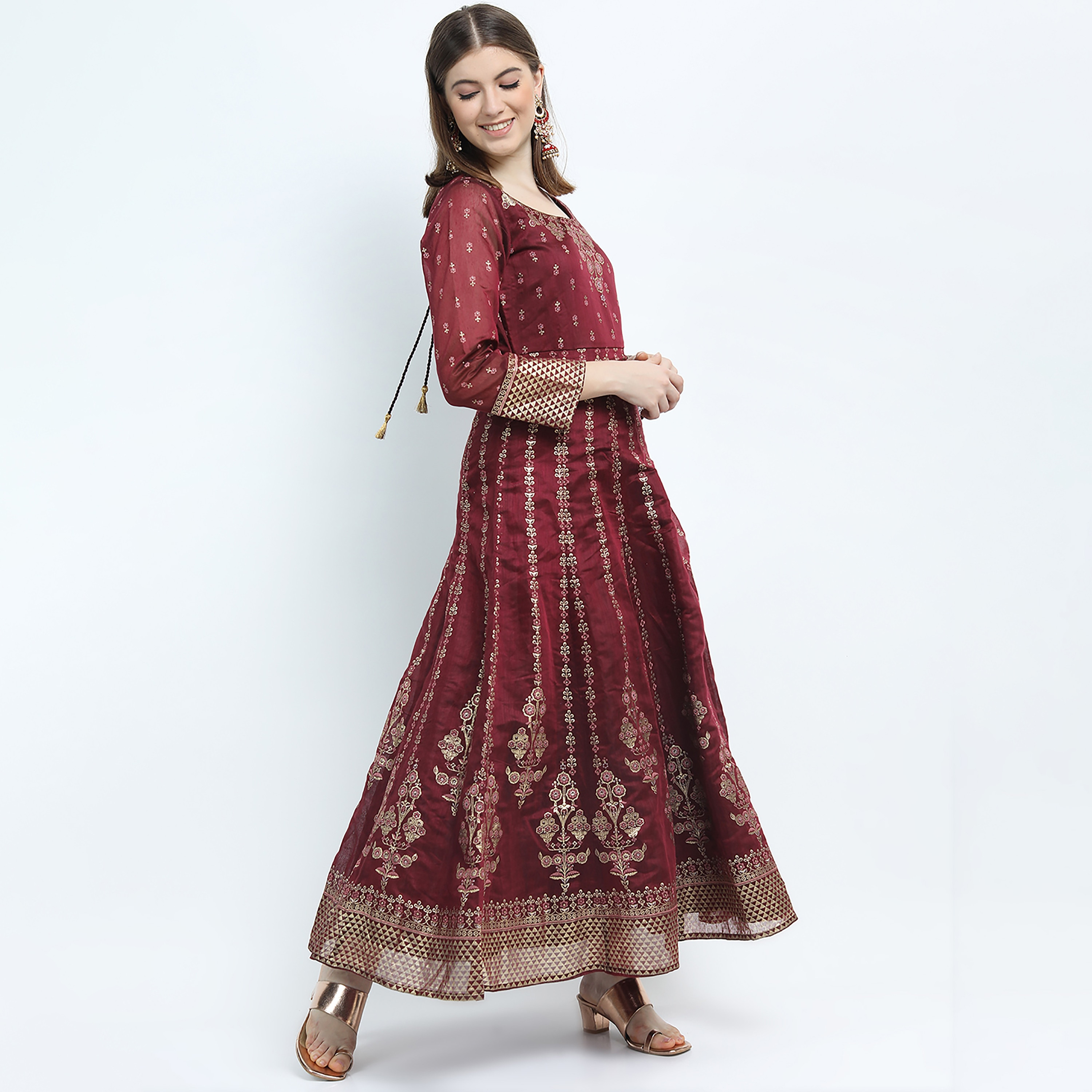 فستان ماكسي ذو اي لائن مع دوباتا ذو مطبوع برقبة دائرية من فيشوده-women-clothing-ethnicwear-dresses-image-4