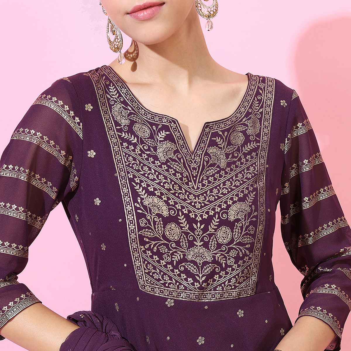 Vishudh Women Purple Printed Notched Neck Maxi Dress with Dupatta-women-clothing-ethnicwear-dresses-image-4