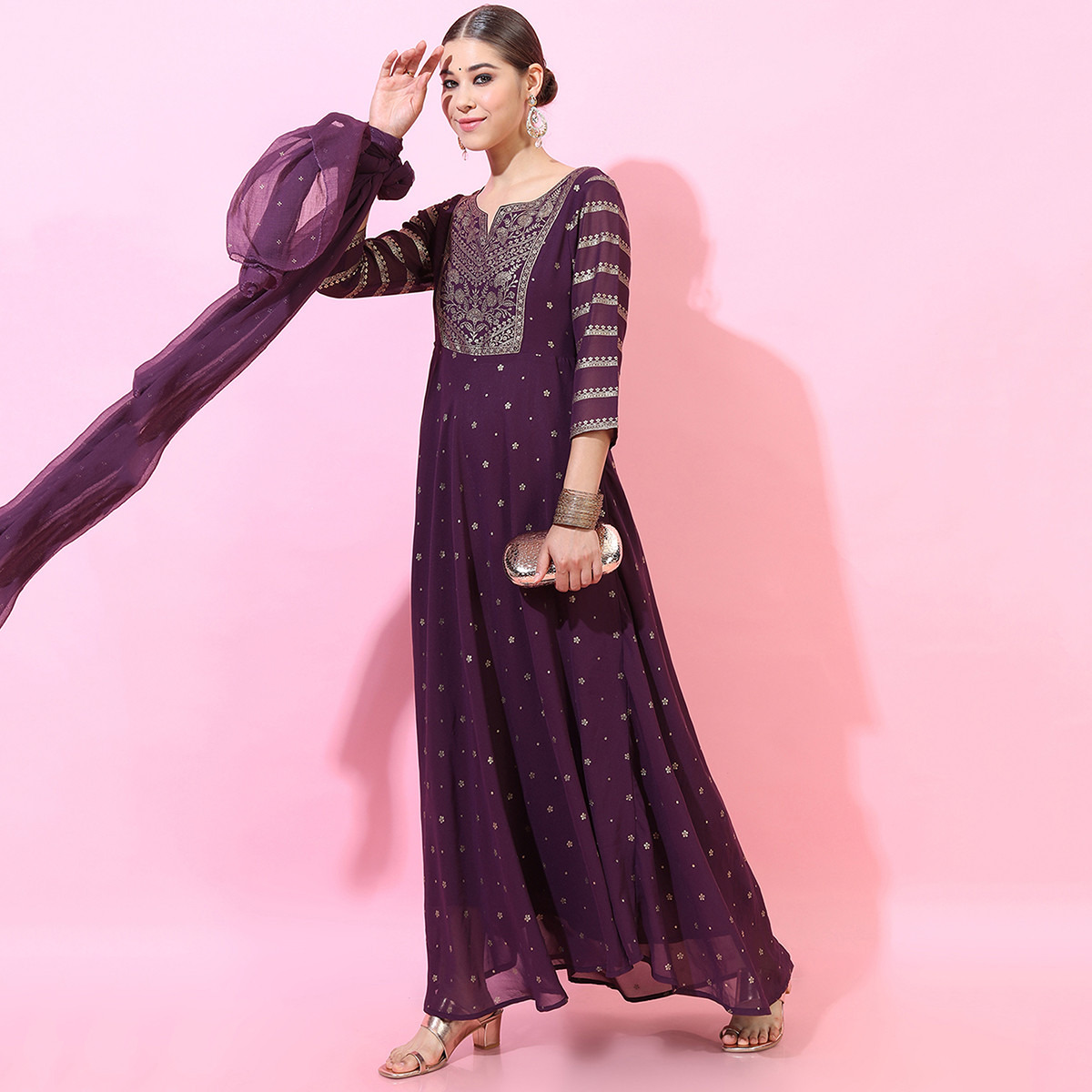 Vishudh Women Purple Printed Notched Neck Maxi Dress with Dupatta-women-clothing-ethnicwear-dresses-image-5