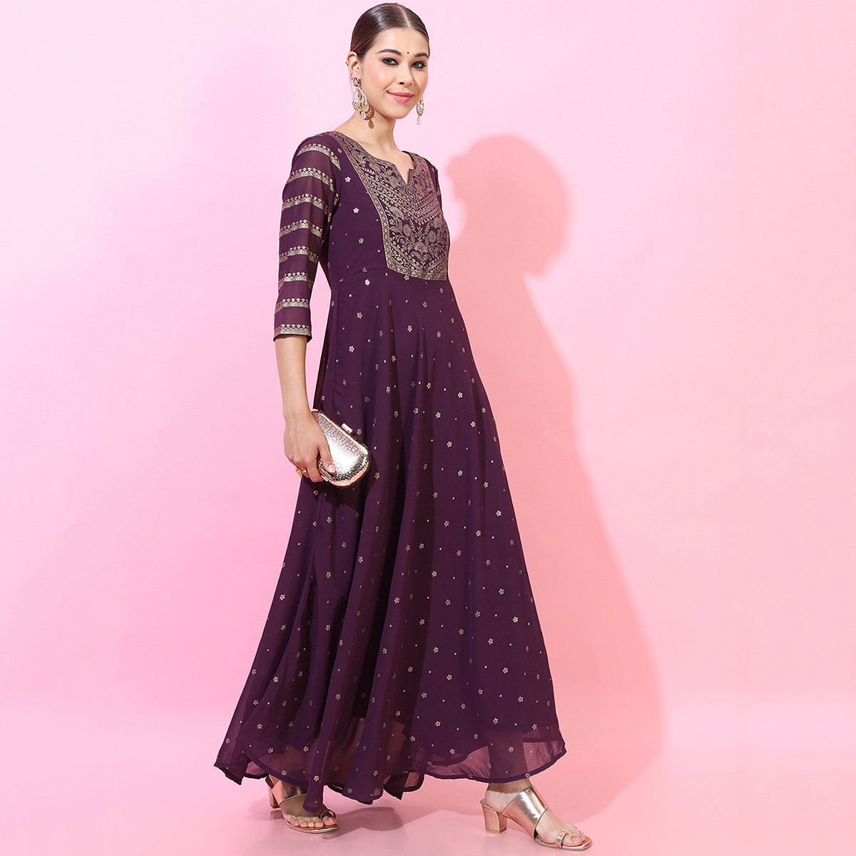 Vishudh Women Purple Printed Notched Neck Maxi Dress with Dupatta-women-clothing-ethnicwear-dresses-image-6