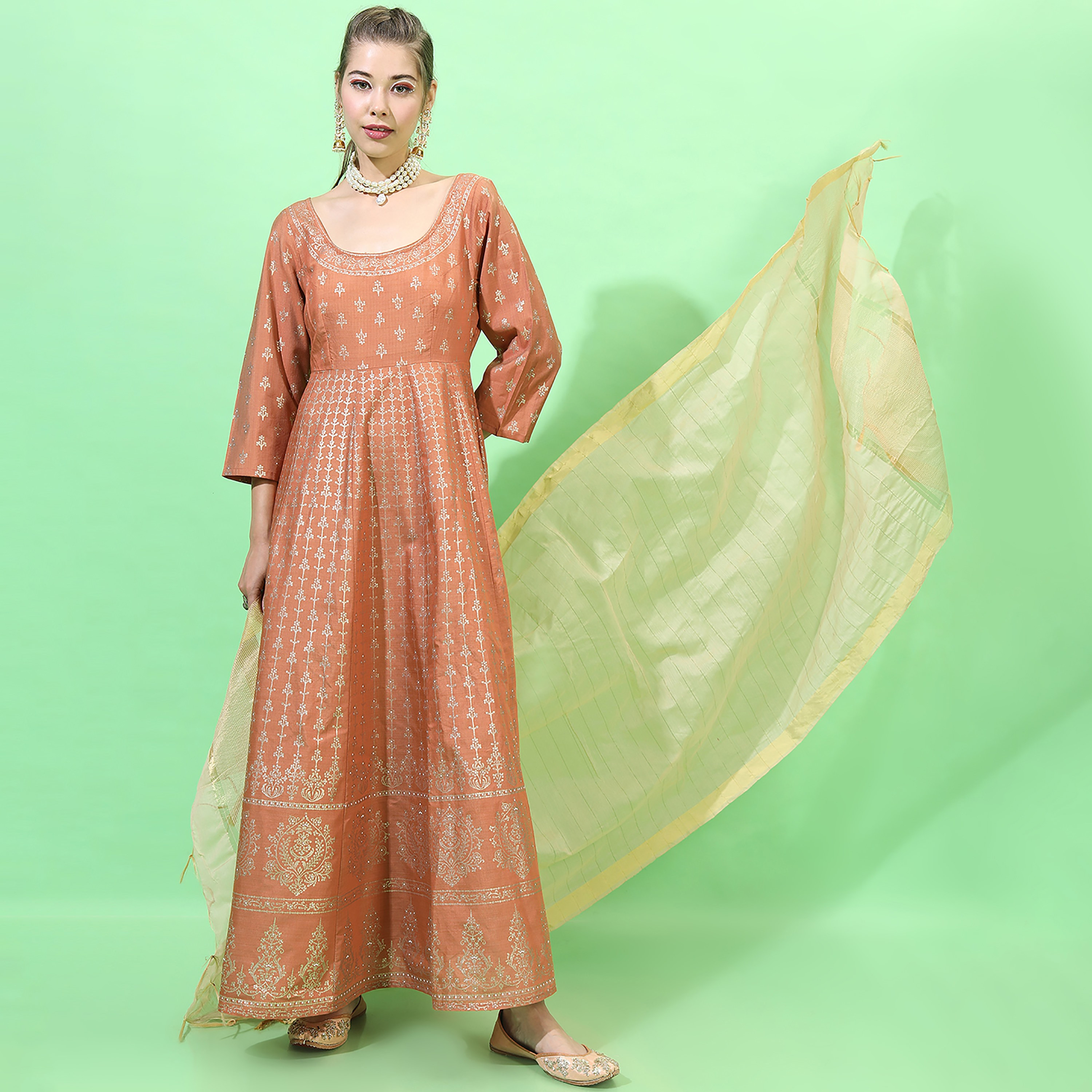 Vishudh Printed Round Neck A-Line Maxi Dress with Dupatta-women-clothing-ethnicwear-dresses-image-1