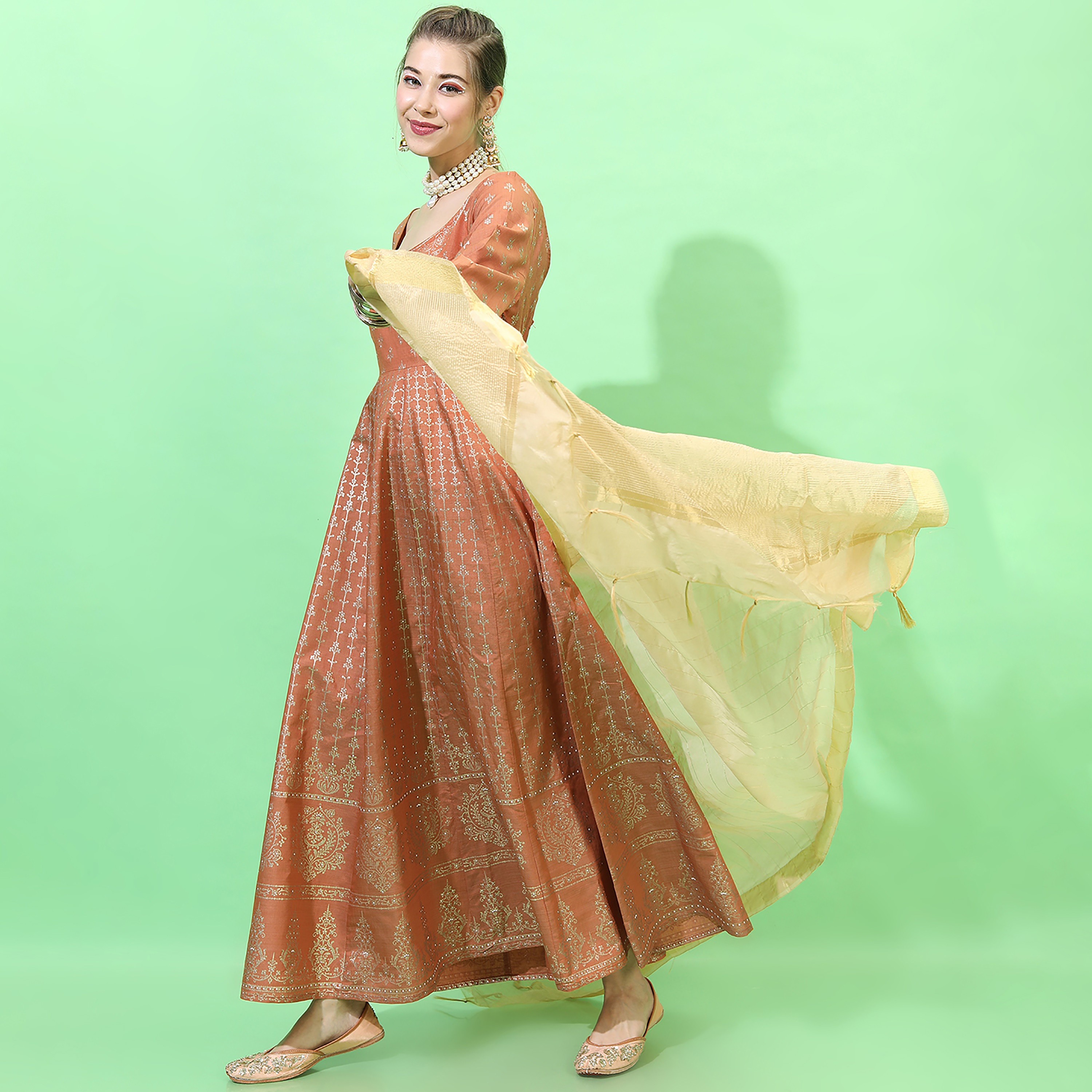 Vishudh Printed Round Neck A-Line Maxi Dress with Dupatta-women-clothing-ethnicwear-dresses-image-2