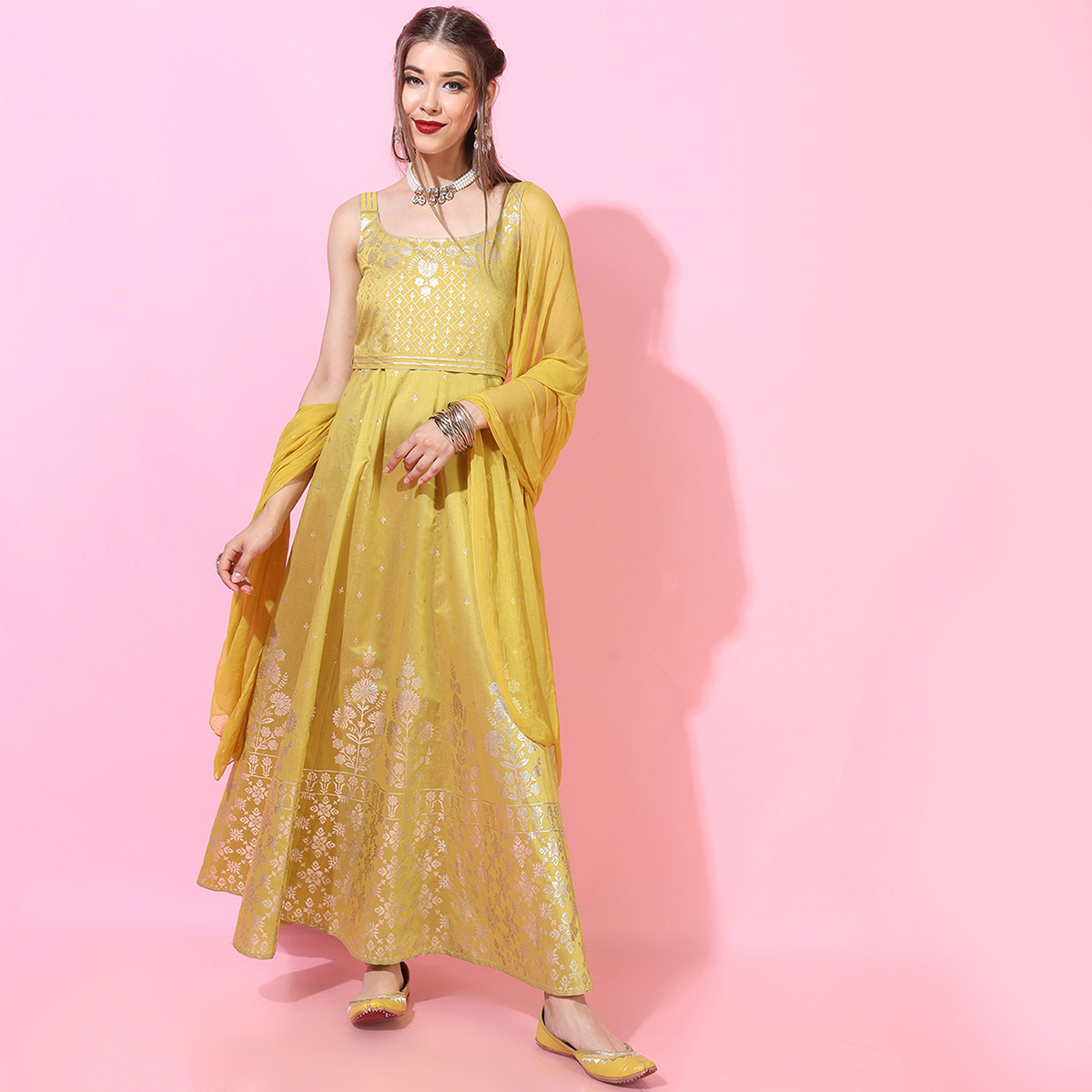 Vishudh Women Yellow Printed Shoulder Strap Flared Maxi Dress with Dupatta-women-clothing-ethnicwear-dresses-image-1