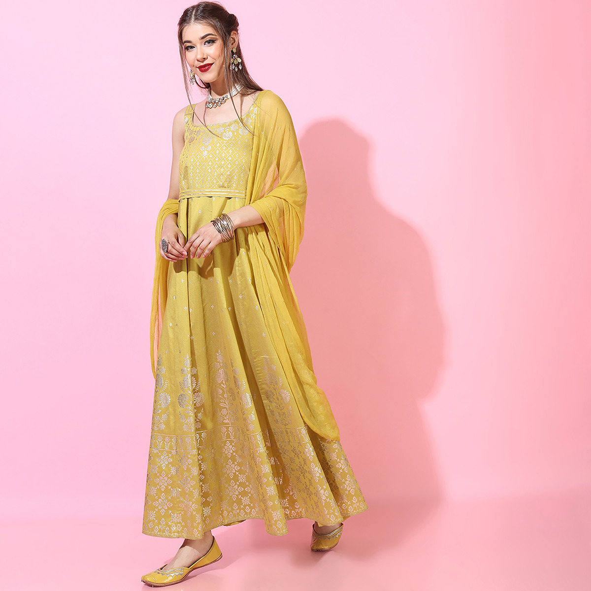 Vishudh Women Yellow Printed Shoulder Strap Flared Maxi Dress with Dupatta-women-clothing-ethnicwear-dresses-image-2