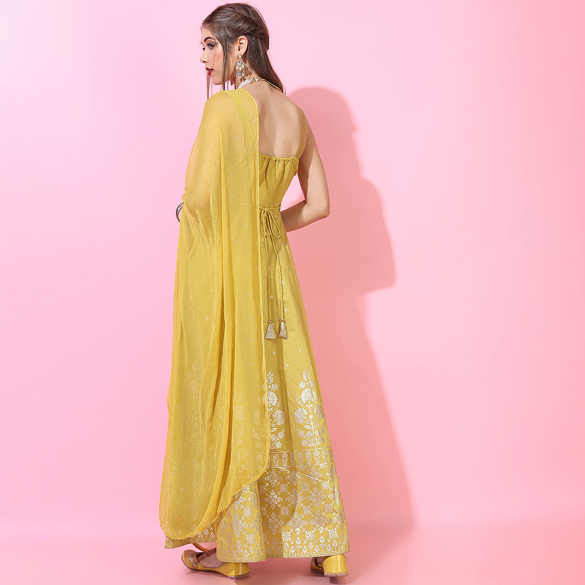 Vishudh Women Yellow Printed Shoulder Strap Flared Maxi Dress with Dupatta-women-clothing-ethnicwear-dresses-image-3