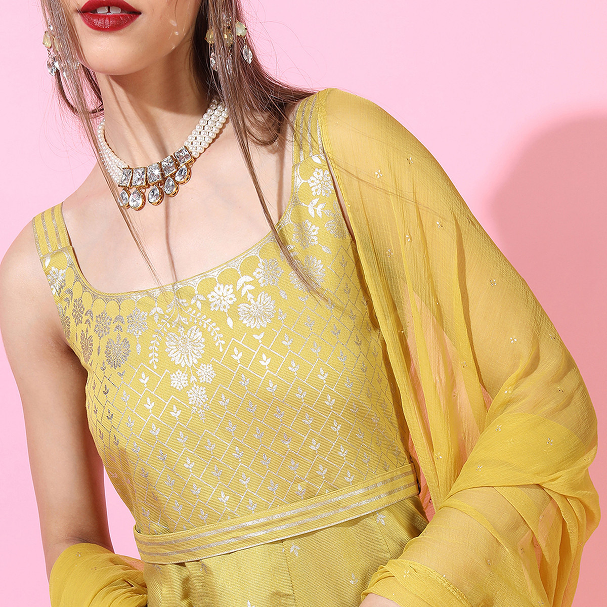 Vishudh Women Yellow Printed Shoulder Strap Flared Maxi Dress with Dupatta-women-clothing-ethnicwear-dresses-image-4