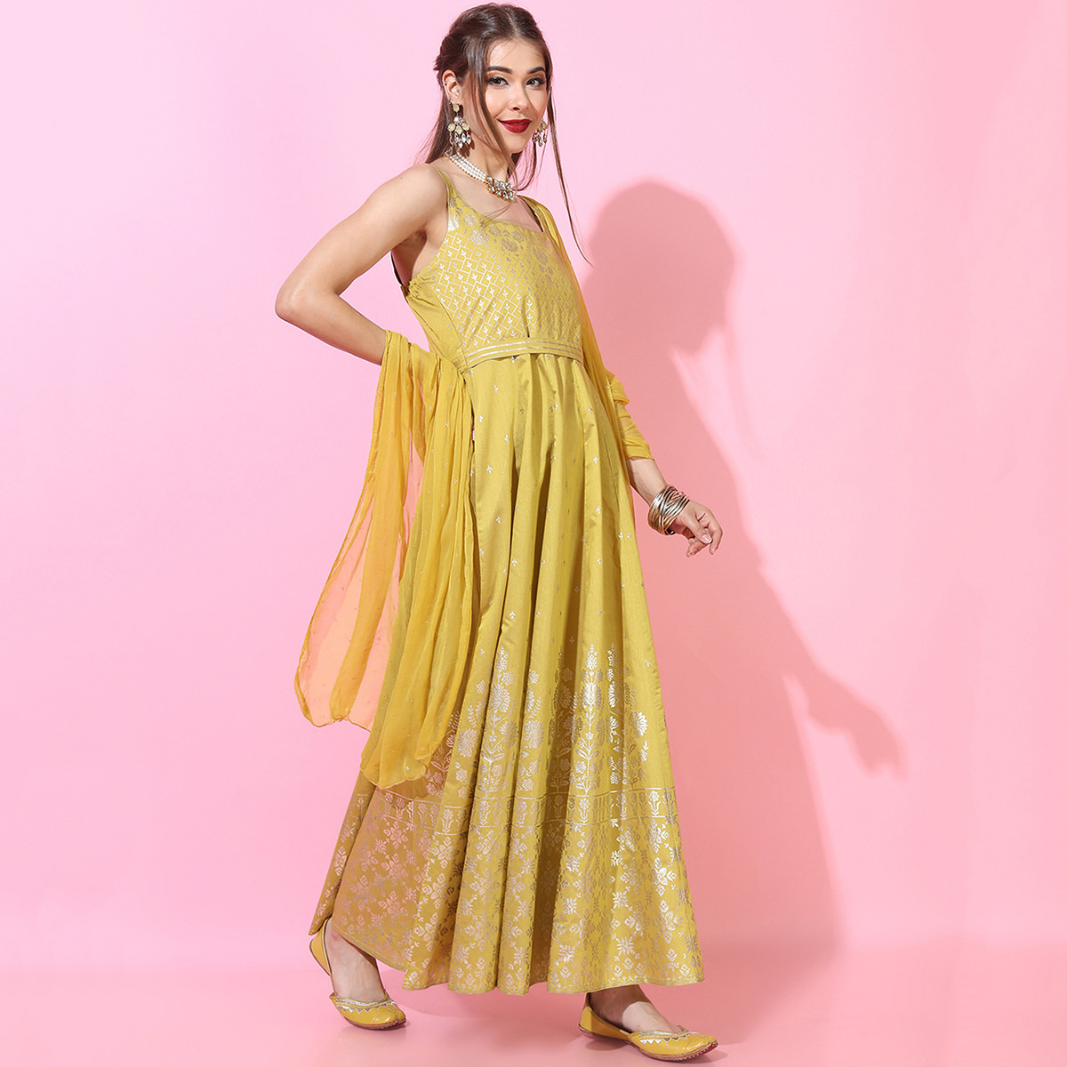 Vishudh Women Yellow Printed Shoulder Strap Flared Maxi Dress with Dupatta-women-clothing-ethnicwear-dresses-image-5