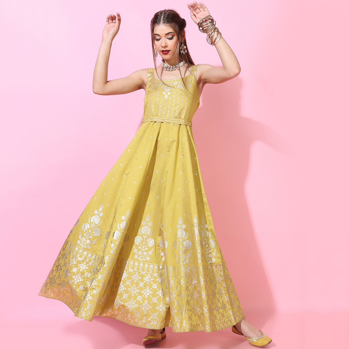Vishudh Women Yellow Printed Shoulder Strap Flared Maxi Dress with Dupatta-women-clothing-ethnicwear-dresses-image-6