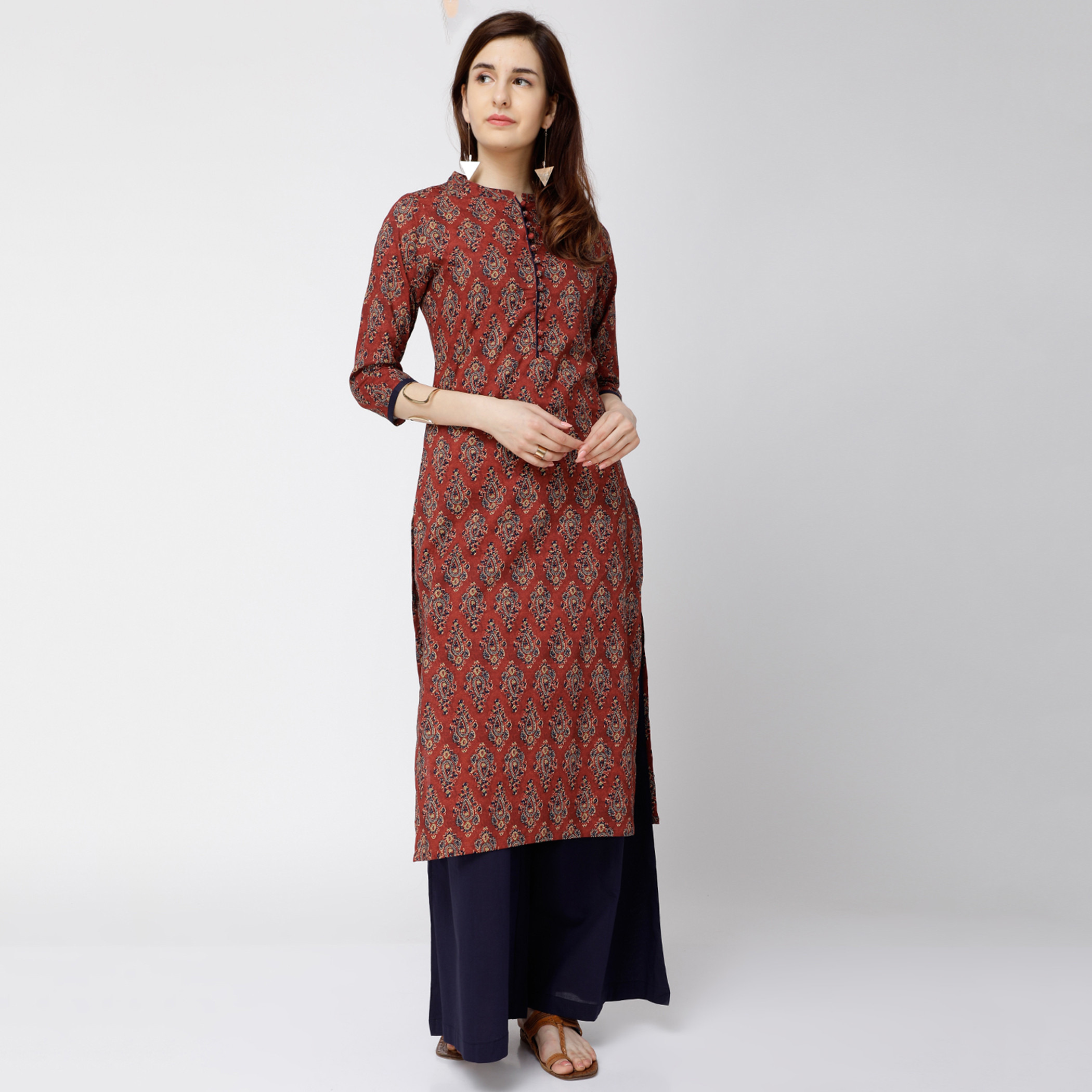 Set of 2 Vishudh Women Maroon Printed Mandarin Neck Kurta and Palazzo-women-clothing-ethnicwear-salwarsuits-image-1